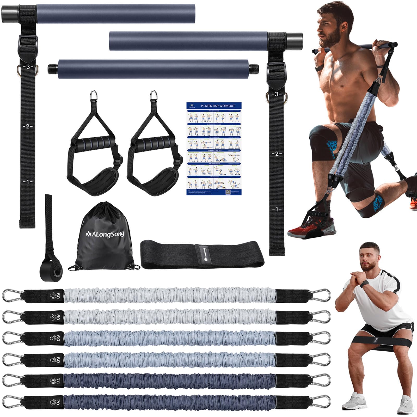 ALongSongPilates Equipment Pilates Reformer Bar Set With 6 Elastic Resistance Bands 180LBS/240LBS/360LBS & Door Anchor for Full-Body Fitness Toning & Muscle Building | Home Workout/Gym/Travel
