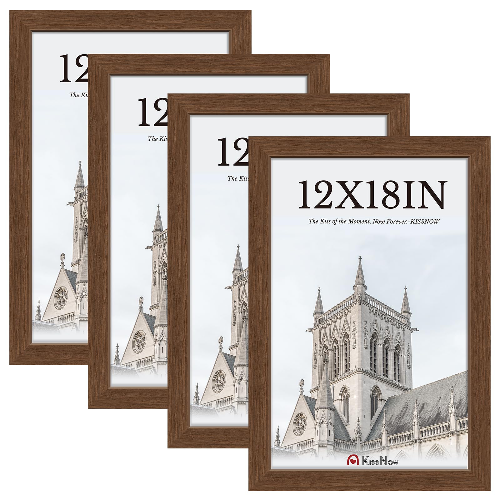Photo 1 of KissNow 12x18 Picture Frame 4 Pack, Brown Wood 18x12 Poster Frame, Tempered Glass, Vertical or Horizontal Wall Display for Photos & Art Prints - Brown