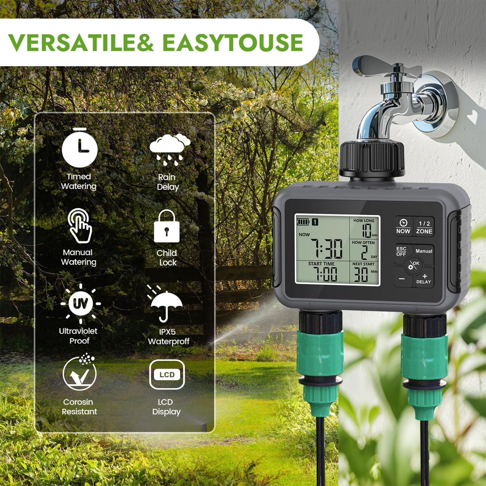 Sprinkler Timer, Programmable Hose Timer with Rain Delay, ManualAutomatic Watering System, IPX5 Digital Irrigation for Garden, Lawn, Pool, 2 Outlets