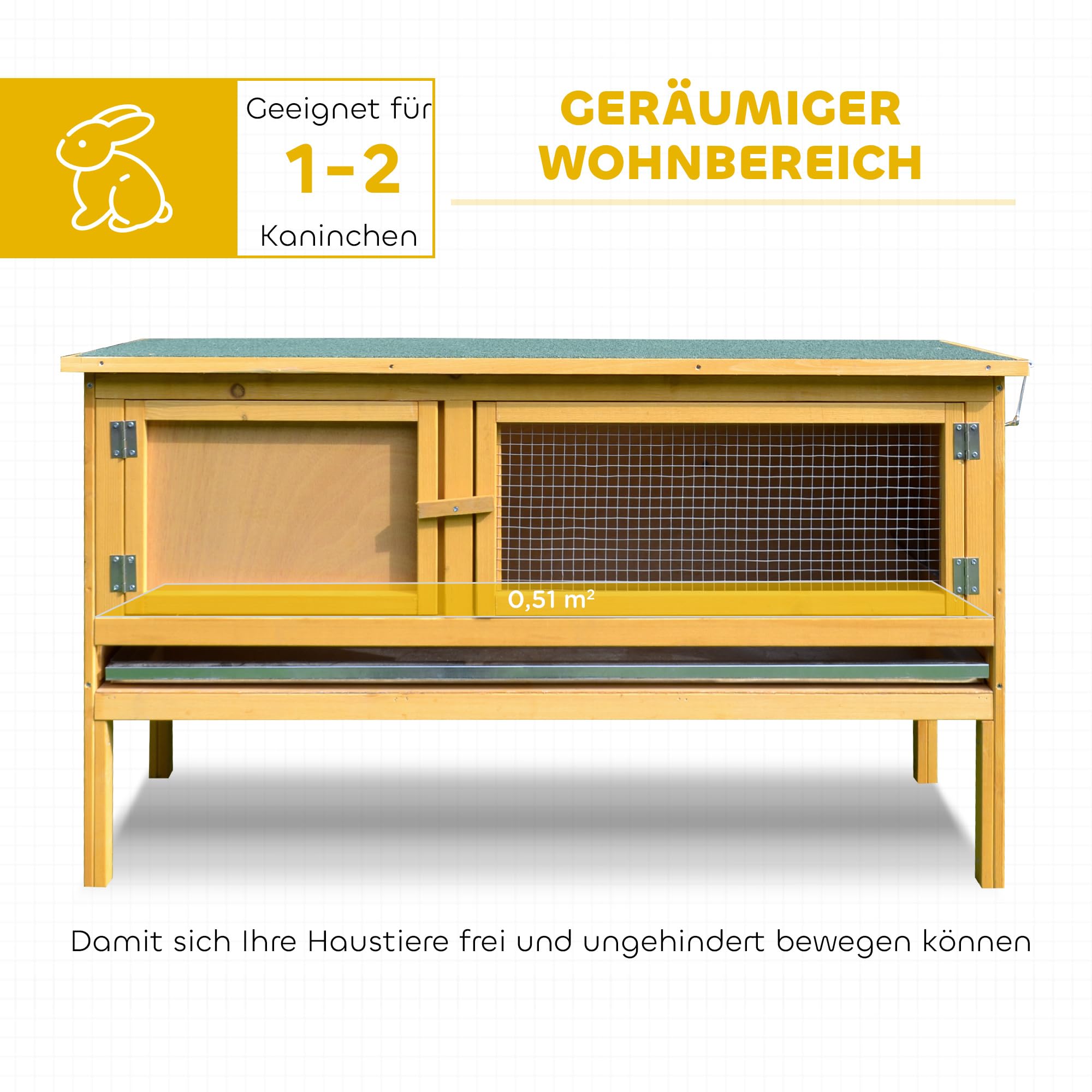 PawHut Conejera de Madera para Conejos, 115 x 44,3 x 65 cm, con Techo abatible, 2 Puertas, Bandeja a Prueba de Fugas, Jaula para Conejos al Aire Libre, Color Amarillo Claro