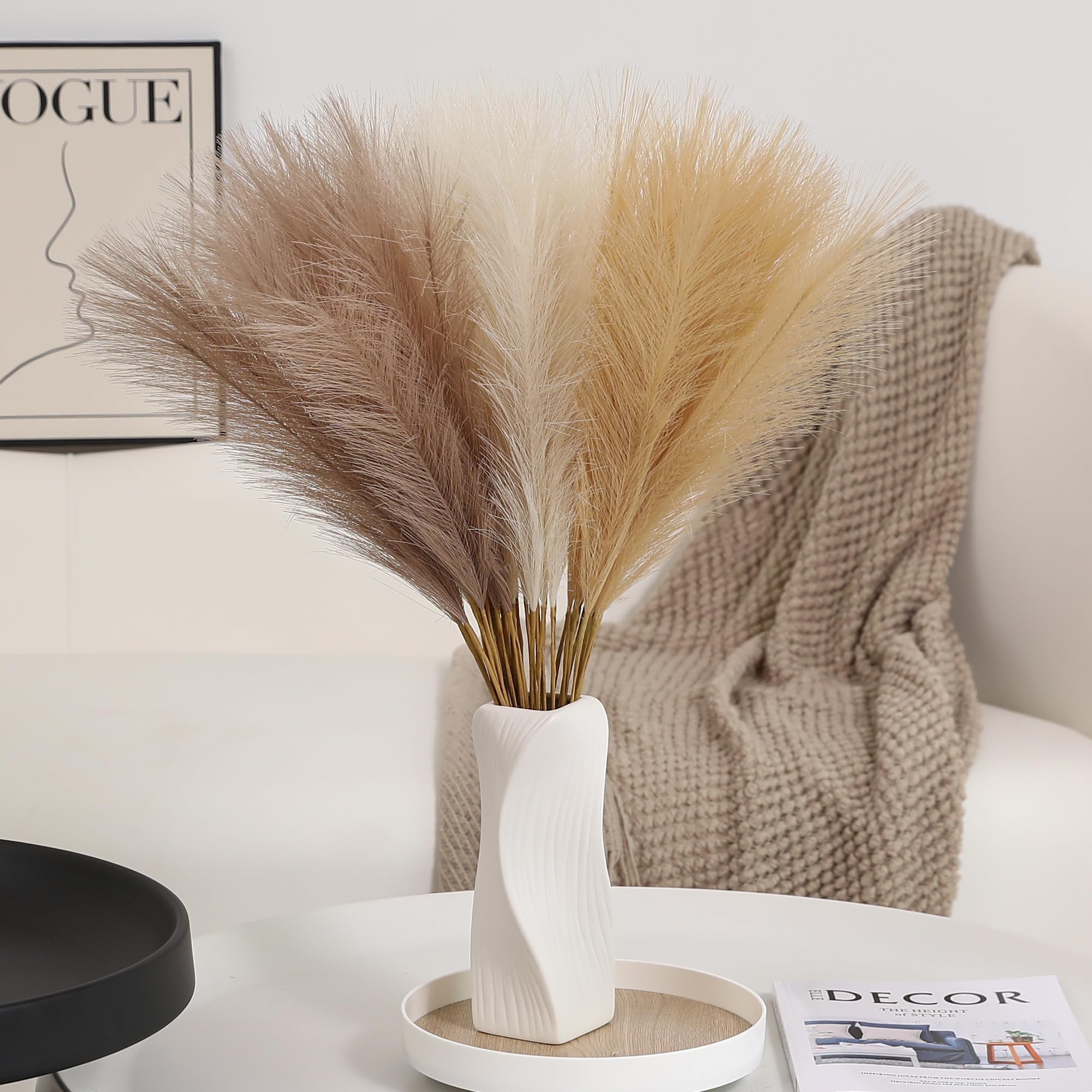 60pcs Pampas Grass Decor - 24 Inch Boho Home Decor, Artificial pompas Floral, Small Faux Pompous Grass for Table Centerpieces, Wedding and Baby Shower Decorations (Taupe & Beige & Khaki)