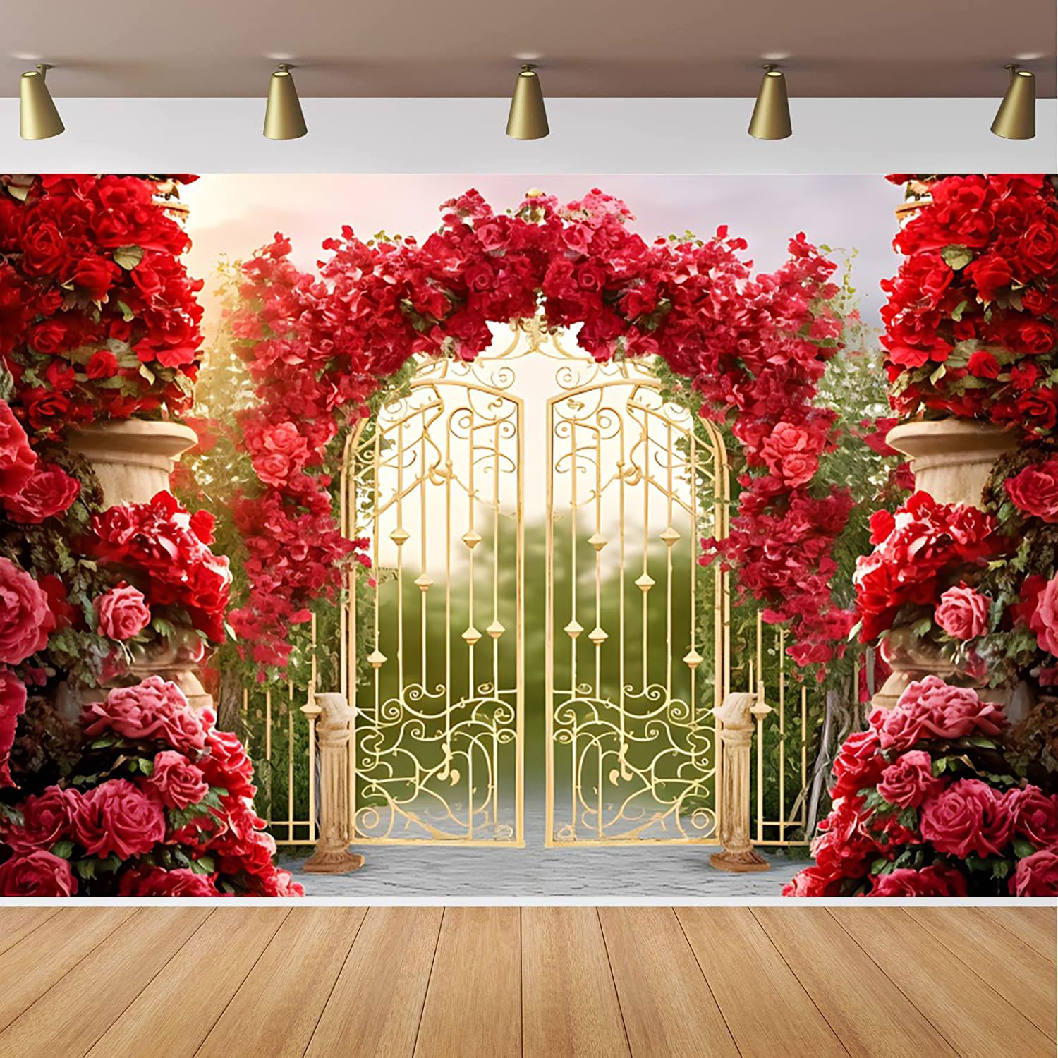 Yeele 10x8ft Romantic Rose Garden Backdrop Vintage Gold Castle Door Red Rose Wall Photography Background Wedding Anniversary Bridal Shower Birthday