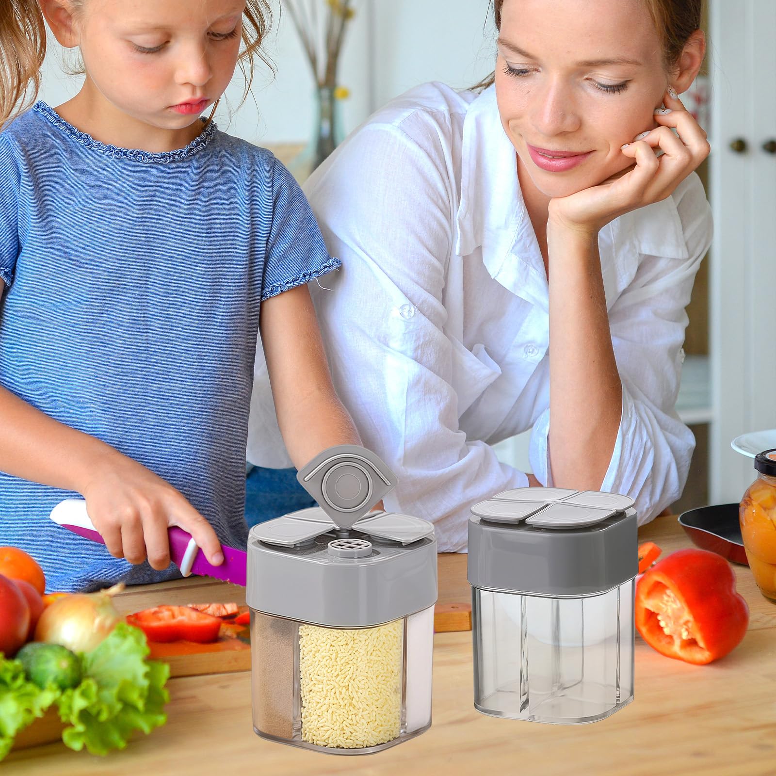 2 Stück Gewürz Dispenser, 4 in 1 Gewürzstreuer Camping, Reisegewürzdose aus Kunststoff, Gewürzdosen mit Fächern, Tragbare Cruet Flasche für Picknick, Lunchboxen, Küche (Grau)