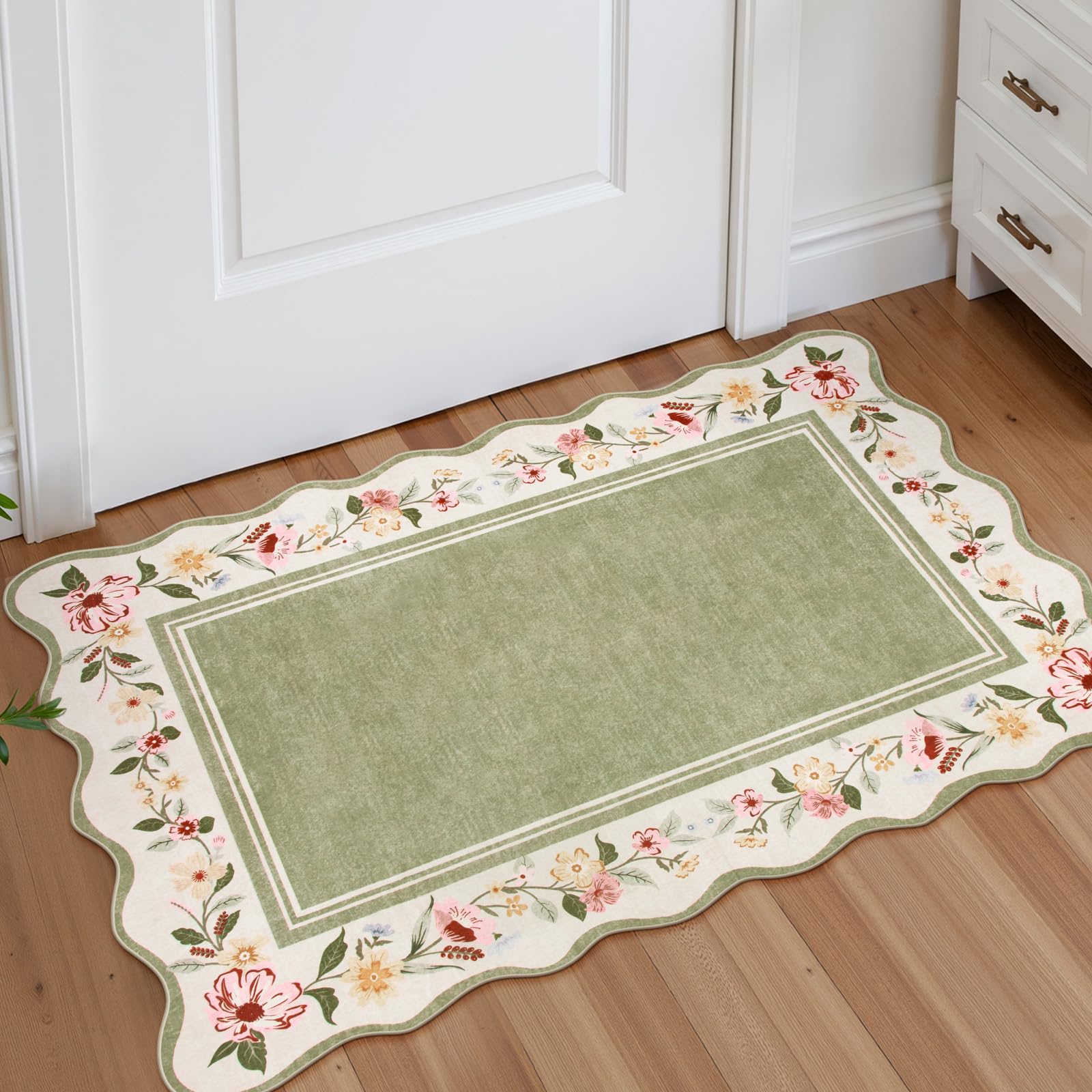 Lahome Floral 2x3 Rug, Green Kitchen Rugs Ulta-Thin Washable Indoor Mats for Entryway Non-Slip, Boho Scalloped Stain Resistant Small Throw Rugs for