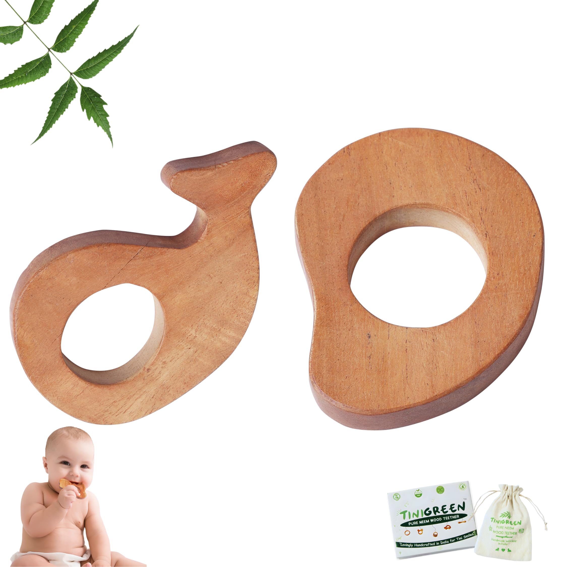 Neem Wooden Baby Teether Dolphin & Mango Shape Handmade Natural Teething Toy for Babies 3–12 Months (Pack of 2)-image-23