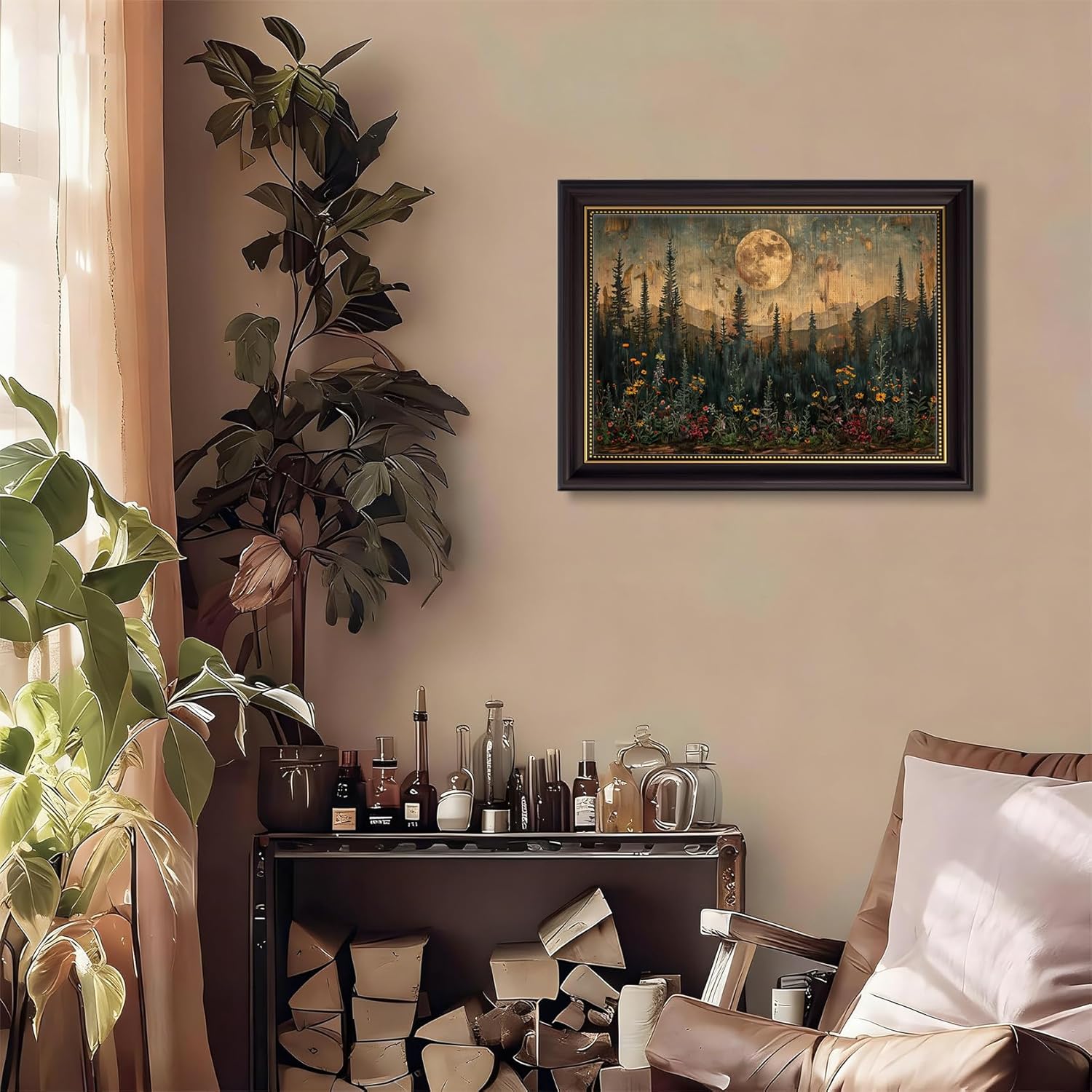 Vintage Framed Moon Forest Canvas Wall Art Serene Field Floral Printing Pine Tree Nature Landscape Painting Farmhouse Rustic Pictures Natural Scenery Wall Decor Woodland Wildflower Poster Artwork