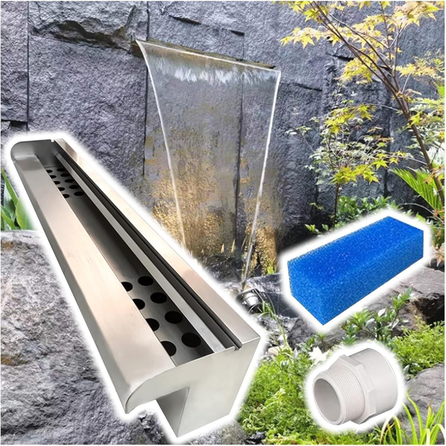Pond Waterfall Spillway, Stainless Steel Pool Fountain Water Feature, Wall Recessed Waterfall Box Kit 16" 18" 23" 24" 30" 34" 36" 40" 48", Garden Water Features Decor(88-inch Water Outlet)