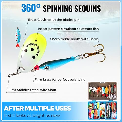 Miniatura 16 de PLUSINNO Señuelos de pesca para lubina, kit de 16 señuelos giratorios con bolsa de transporte portátil, cebos giratorios de metal duro para trucha