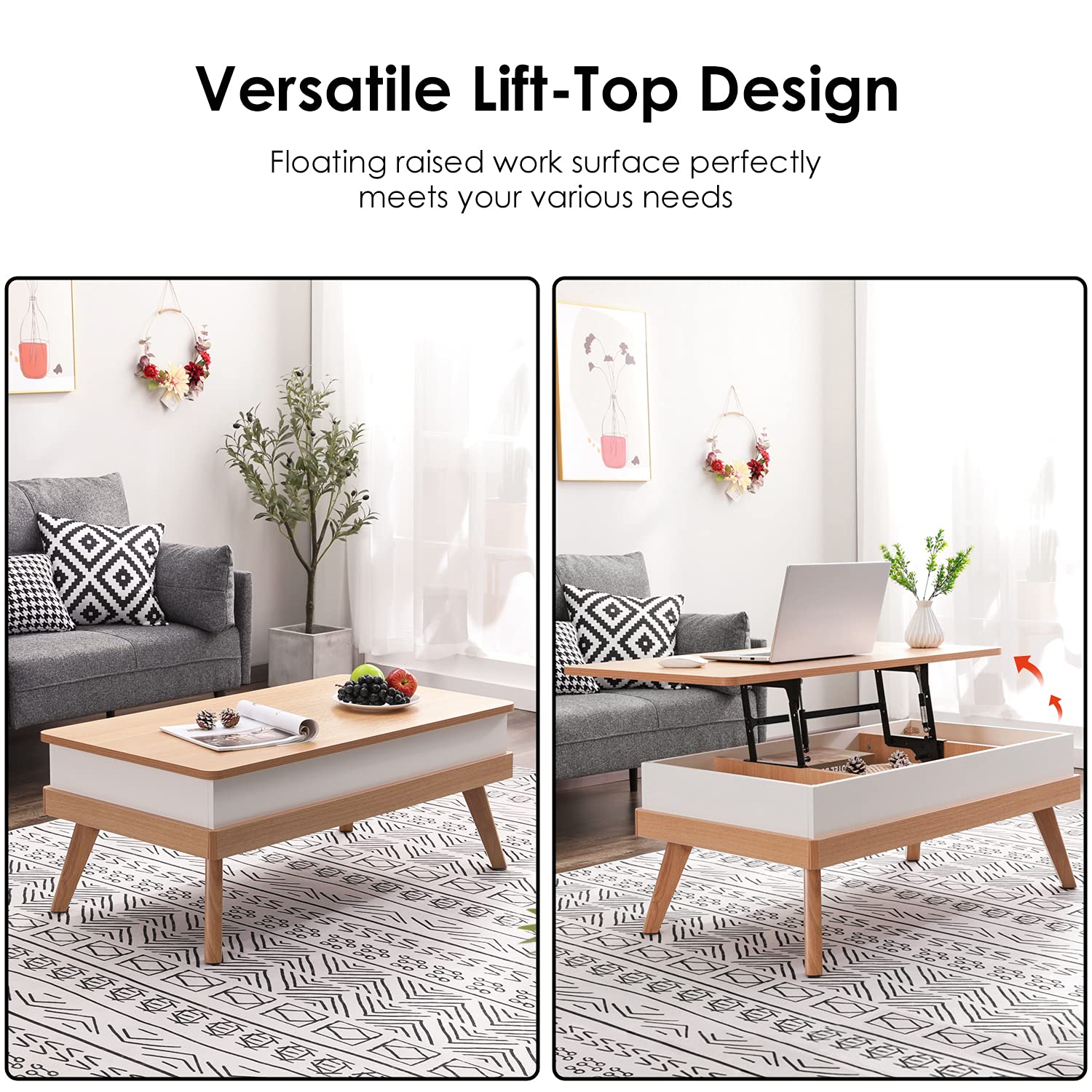 Bidiso Lift Top Coffee Table, Easy-to-Assembly Center Table with Hidden Storage Compartment, Lift Tabletop Dining Table for Living Room Reception/Home Office, Oak