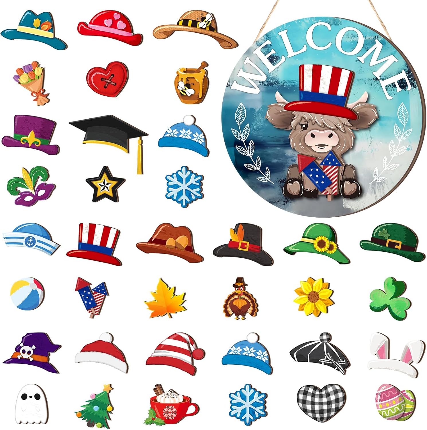 35 Pcs Holiday Interchangeable Highland Cow Welcome Sign Highland Cow Seasonal Wooden Hanging Door Decor Patriotic Farmhouse Hanging Sign for Front Door Graduation Party Decoration