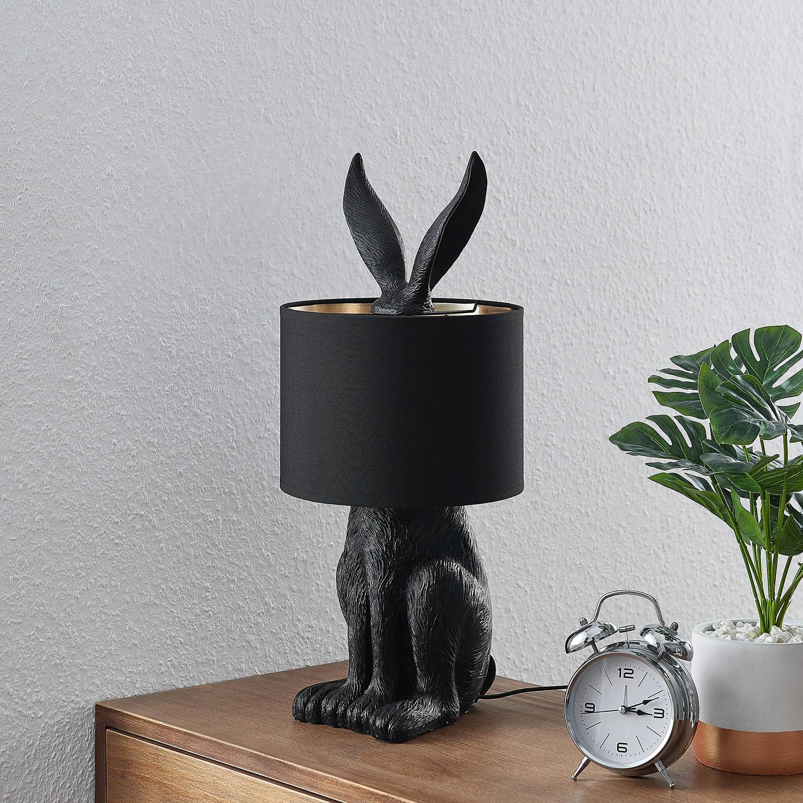 Lindby Tischlampe Hase Textil schwarz gold, Nachttischlampe Meister Lampe Tischleuchte ohne Leuchtmittel Schlafzimmerlampe Nachttischleuchte