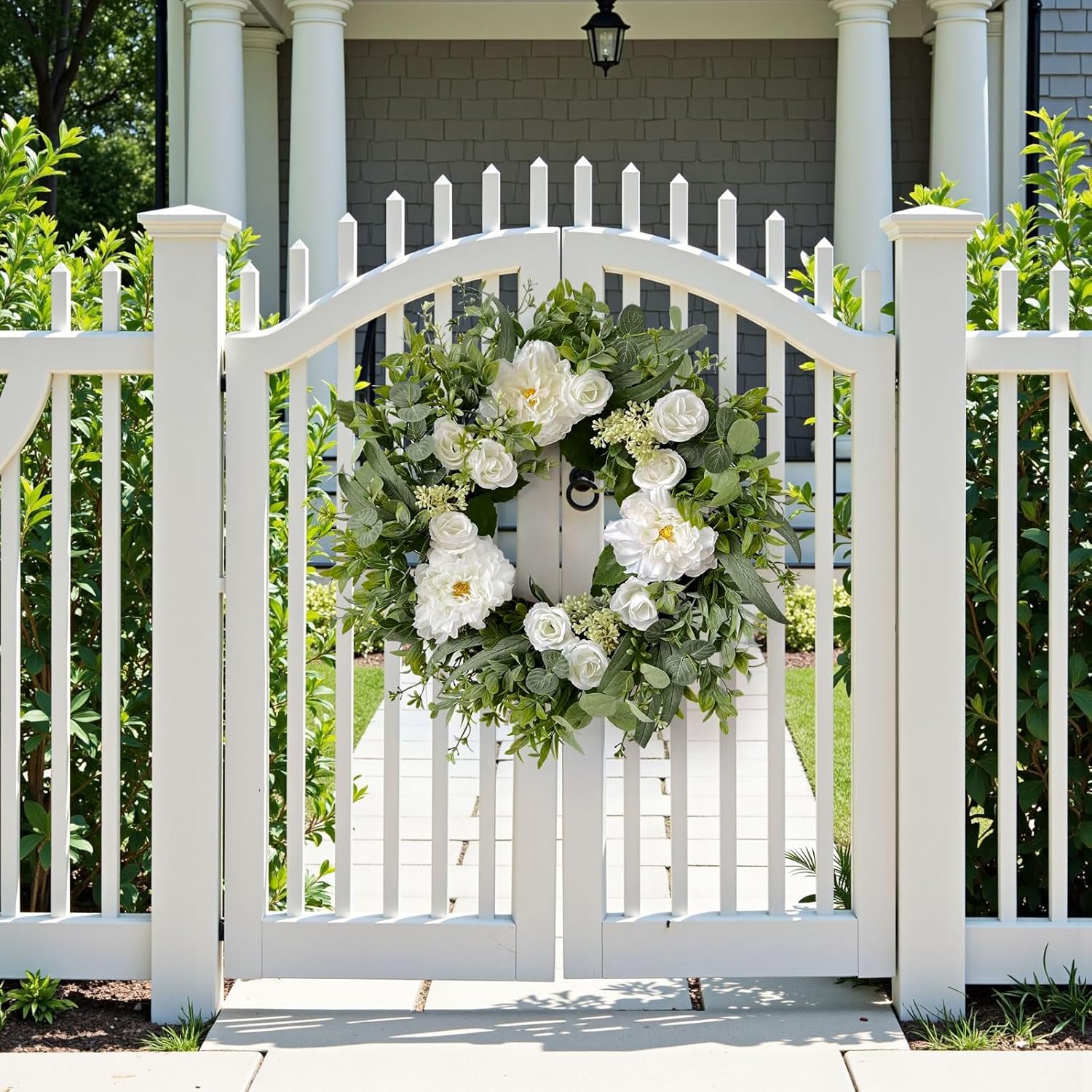Spring Wreaths for Front Door 24" Artificial Floral Wreath with Dahlia Rose Green Eucalyptus Leaves Wreath for All Seasons Summer Door Wreaths for Outdoor Indoor Farmhouse Wall Home Decor