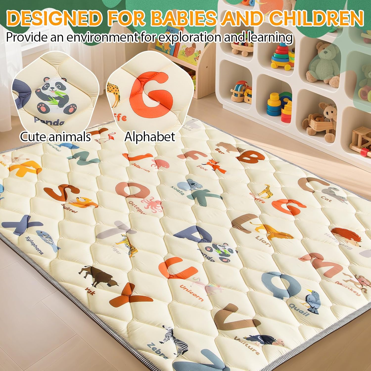 omzer Baby Play Mats for Floor - 50"x50" Playpen Mat - Cushion Play Mat for Babies and Toddlers Infants - Foam Playmat Non-Slip & Machine Washable - Animals Alphabet Design