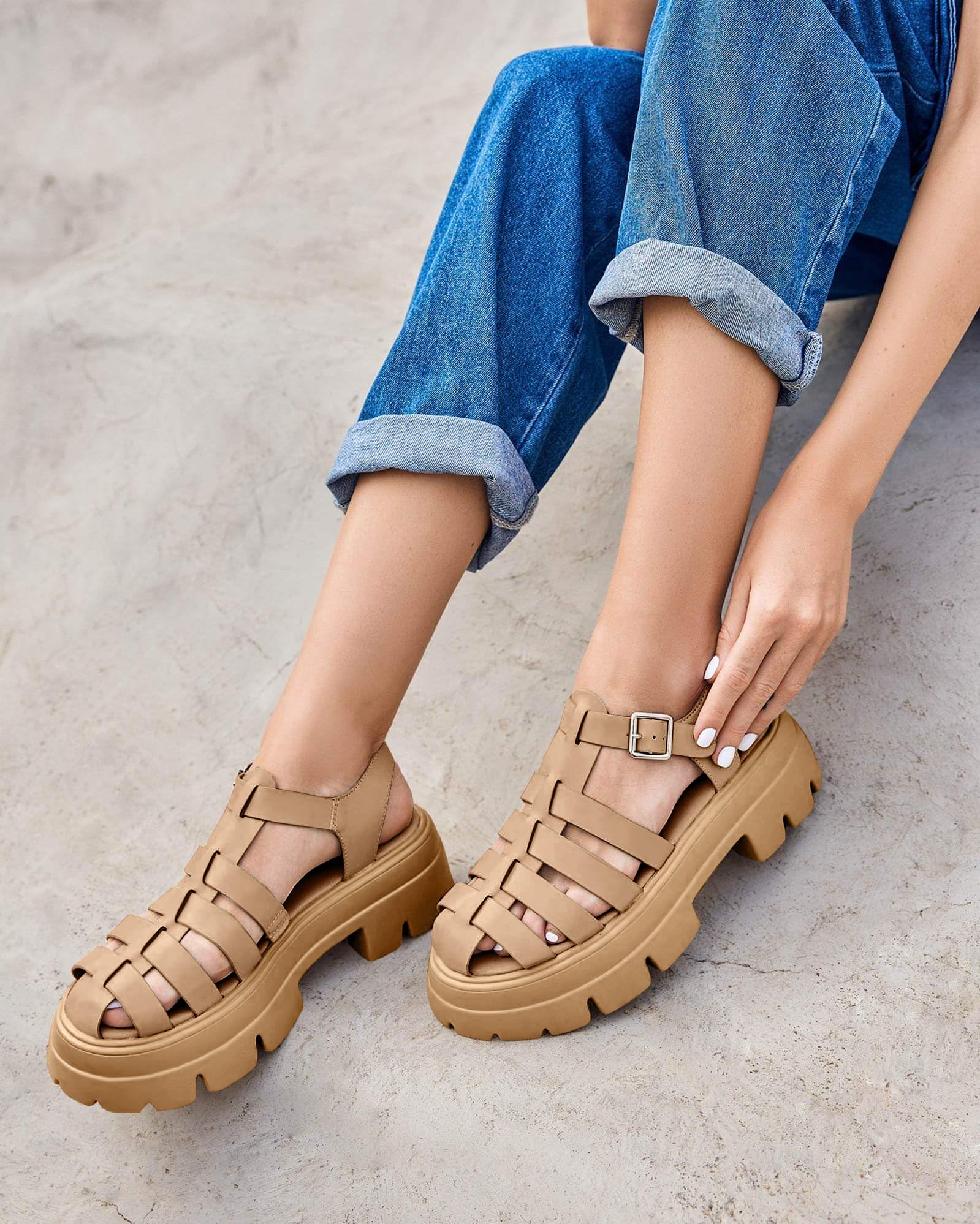 Coutgo Sandalias de tacón grueso con plataforma para mujer, estilo gladiador, correa de tobillo, suela de lengüeta, verano, pescador, Y2K