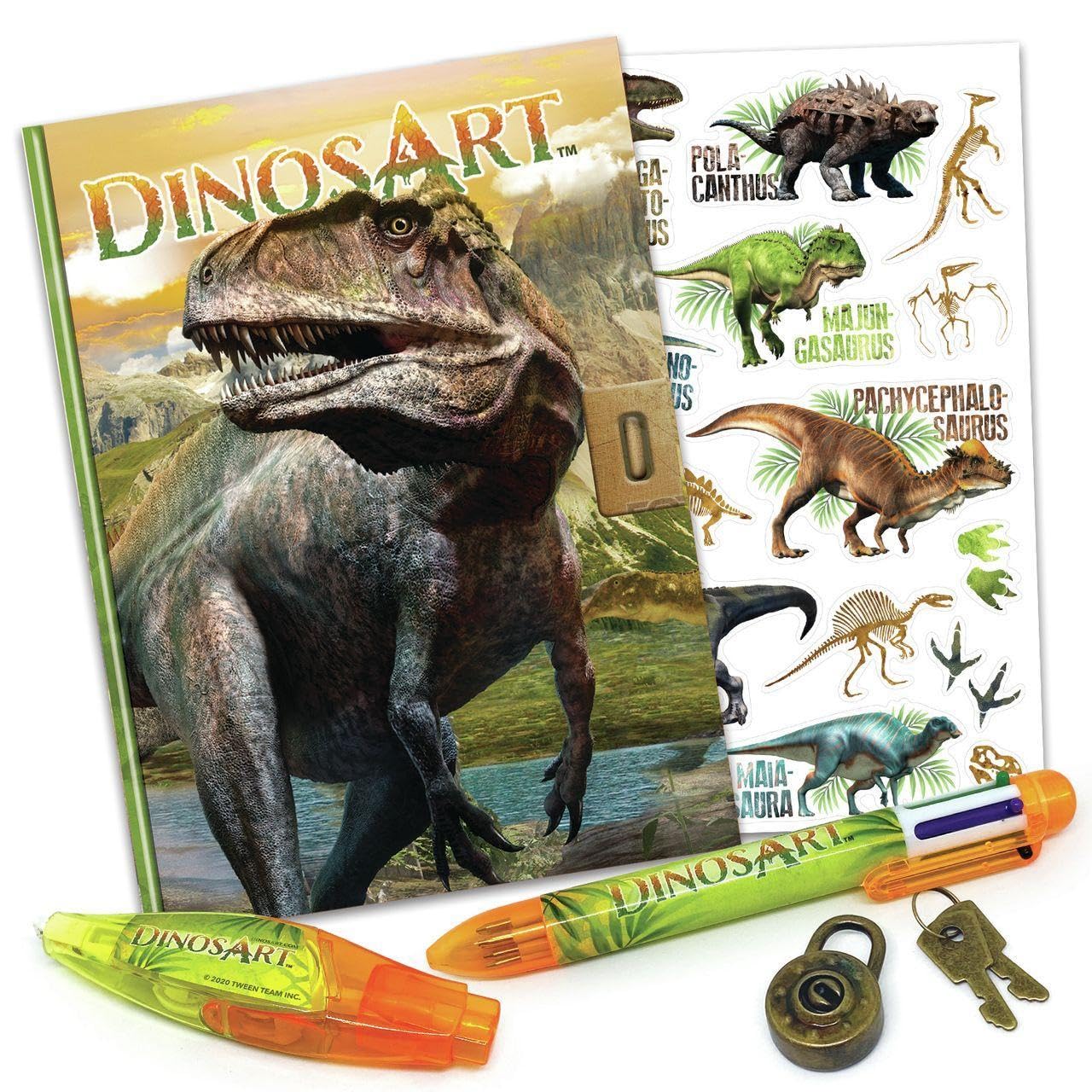 Journal Intime Dinosaure DinosArt + Stylo 6 Couleurs + Applicateur de Motifs - Carnet Secret pour Garçon et Fille, 200 Pages Dont 44 Pages d'Activités, 1 Page d'Autocollants - Enfant 7 Ans et Plus