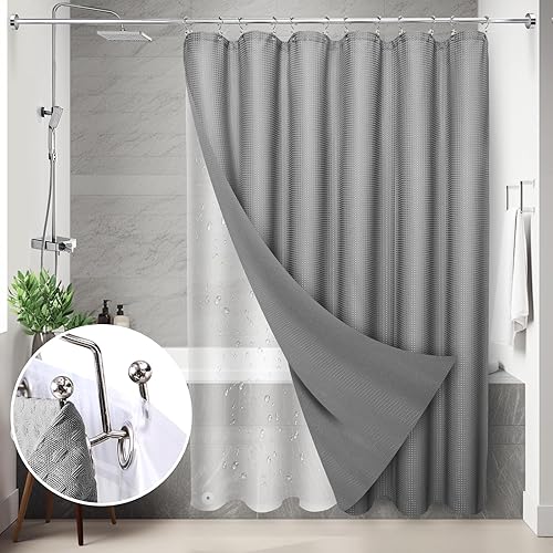 LaCyan 3 in 1 Waterproof Waffle Weave Shower Curtain and Clear Liner Set with 12 Stainless Steel Hooks Double Sided for Bathroom 72 Inches Heavy Duty Polyester Fabric Shower Curtains 72x72 (Grey)