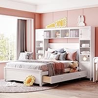 Vista 25 de RUNNA Elegante cama de plataforma de tamaño Queen con estantes extraíbles, cama de almacenamiento de madera con nido de tamaño individual