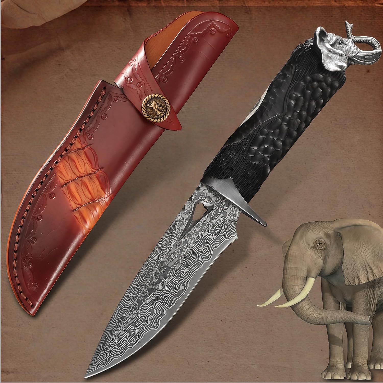 Damascus Steel Knife, HRC61, Pocket Knife for Men, Fixed Blade, Hand Forged Damascus Steel Blade, Hand-Carved, Vegetable Tanned Leather Sheath, Ebony Handle, Outdoor Gift for Dad who Loves Camping