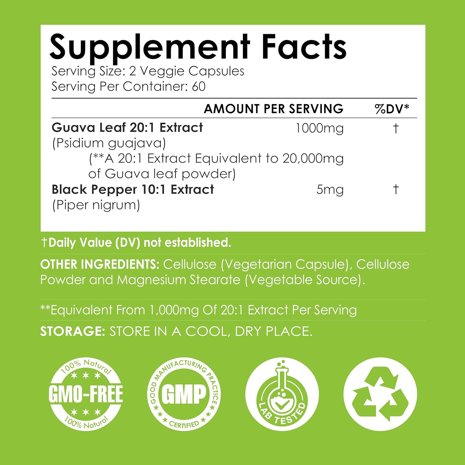 Guava Leaf Extract 1000mg, 20:1 with Black Pepper (Piperine) Per Serving (120 Capsules) 60 Days’ Supply| Non GMO Gluten Free Capsule -Psidium guajava Extract - Image 3