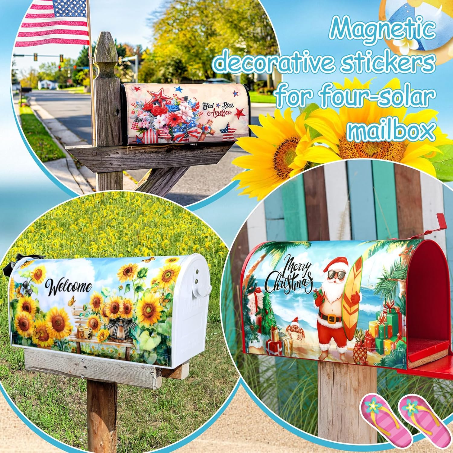 Dispowreath 4 Pcs Mailbox Covers Magnetic Standard Size 18 x 21 Inch Patriotic Christmas in July Summer Sunflower Magnetic Mailbox Covers Wraps for Holiday Garden Yard Home