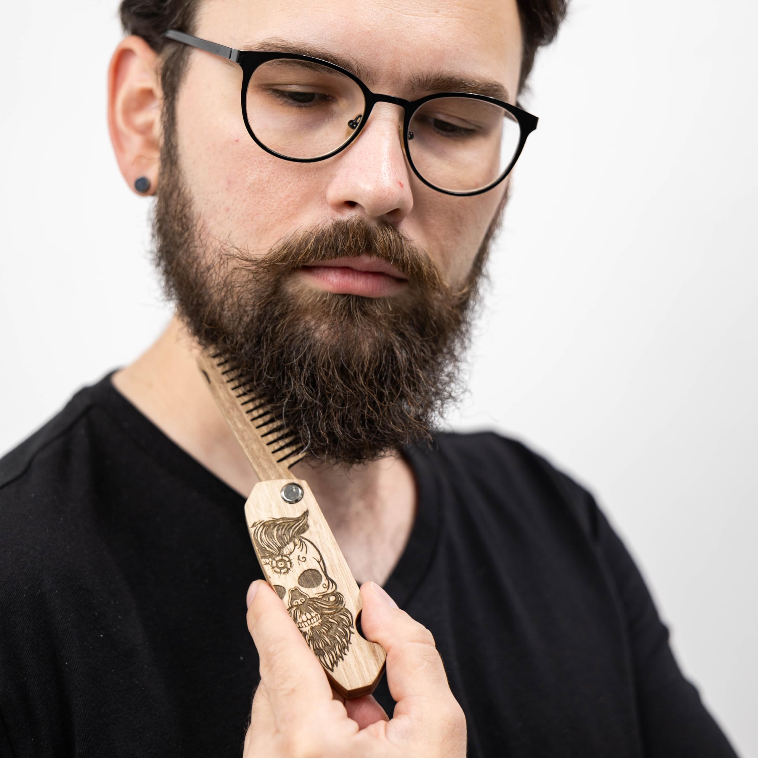 Enjoy The Wood Beard Comb for Men, Folding Pocket Beard Accessories for Men, Engraved Walnut Wooden Comb for Moustache, Beard & Hair For Him (Half Skull)