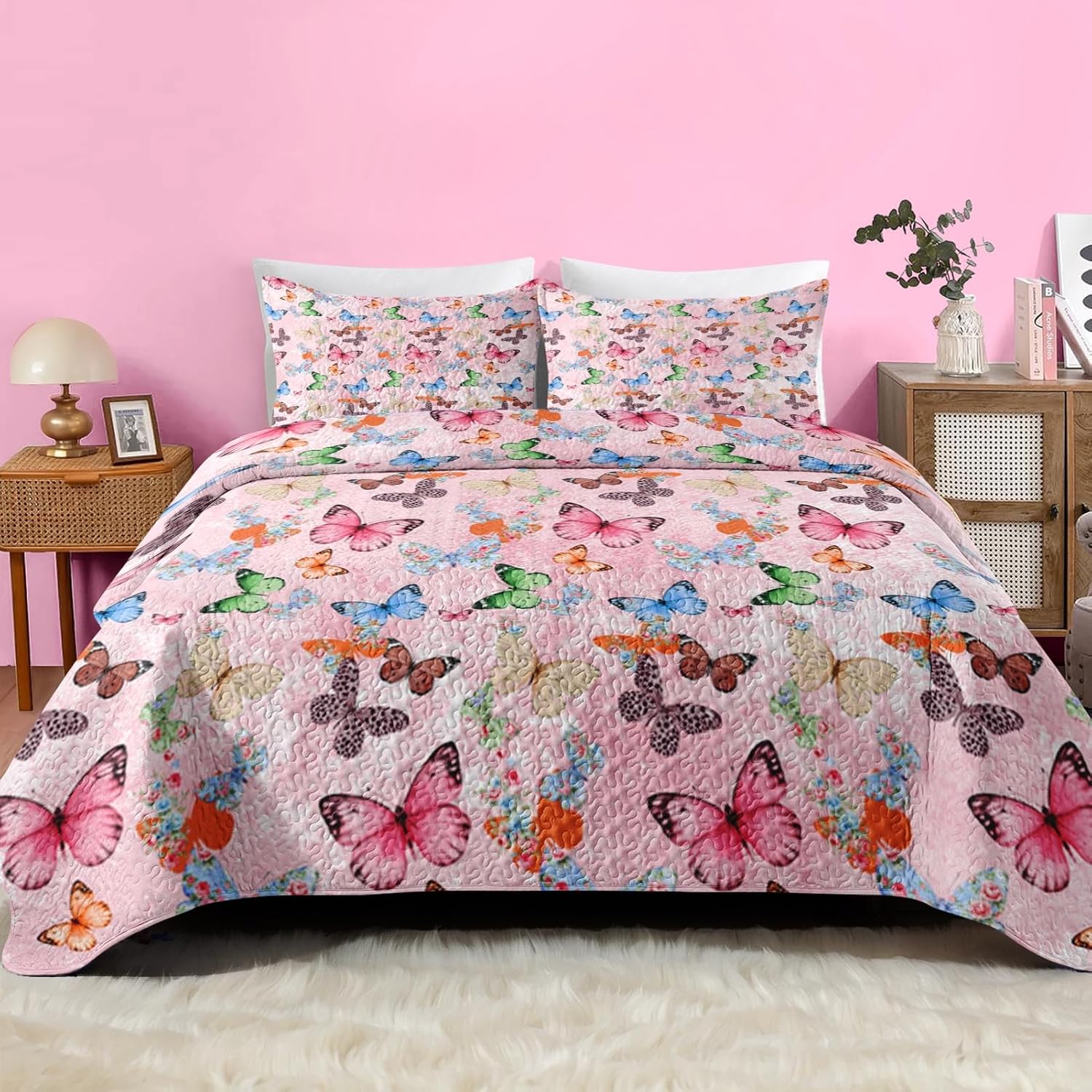 Quilt Set Twin Size, Colorful Butterfly 2 Pcs Soft Bed Cover Bedding Set for Kids and Adults, Cute Butterflies Lightweight Bedspread Coverlet with Pillow Sham for All Season