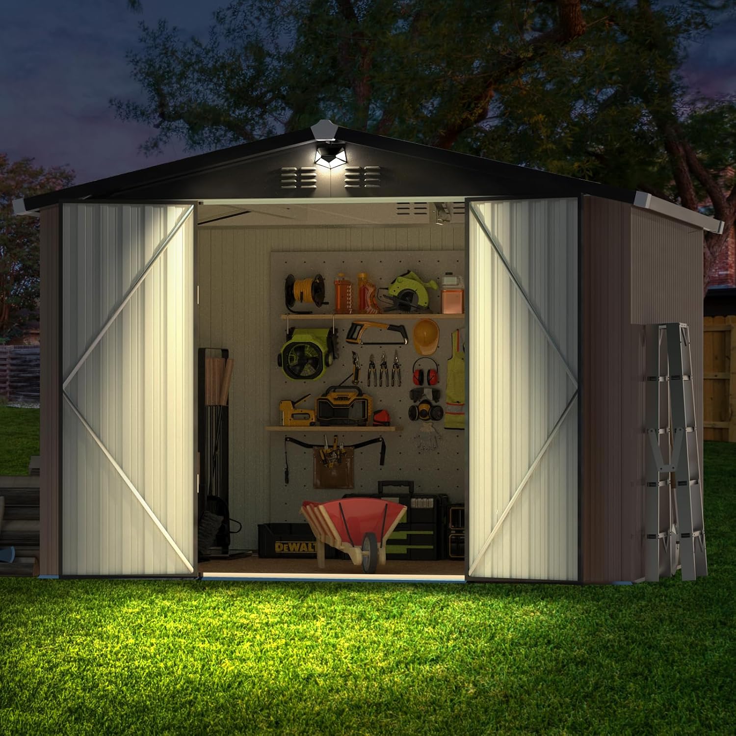 Shed illuminated by solar light at night