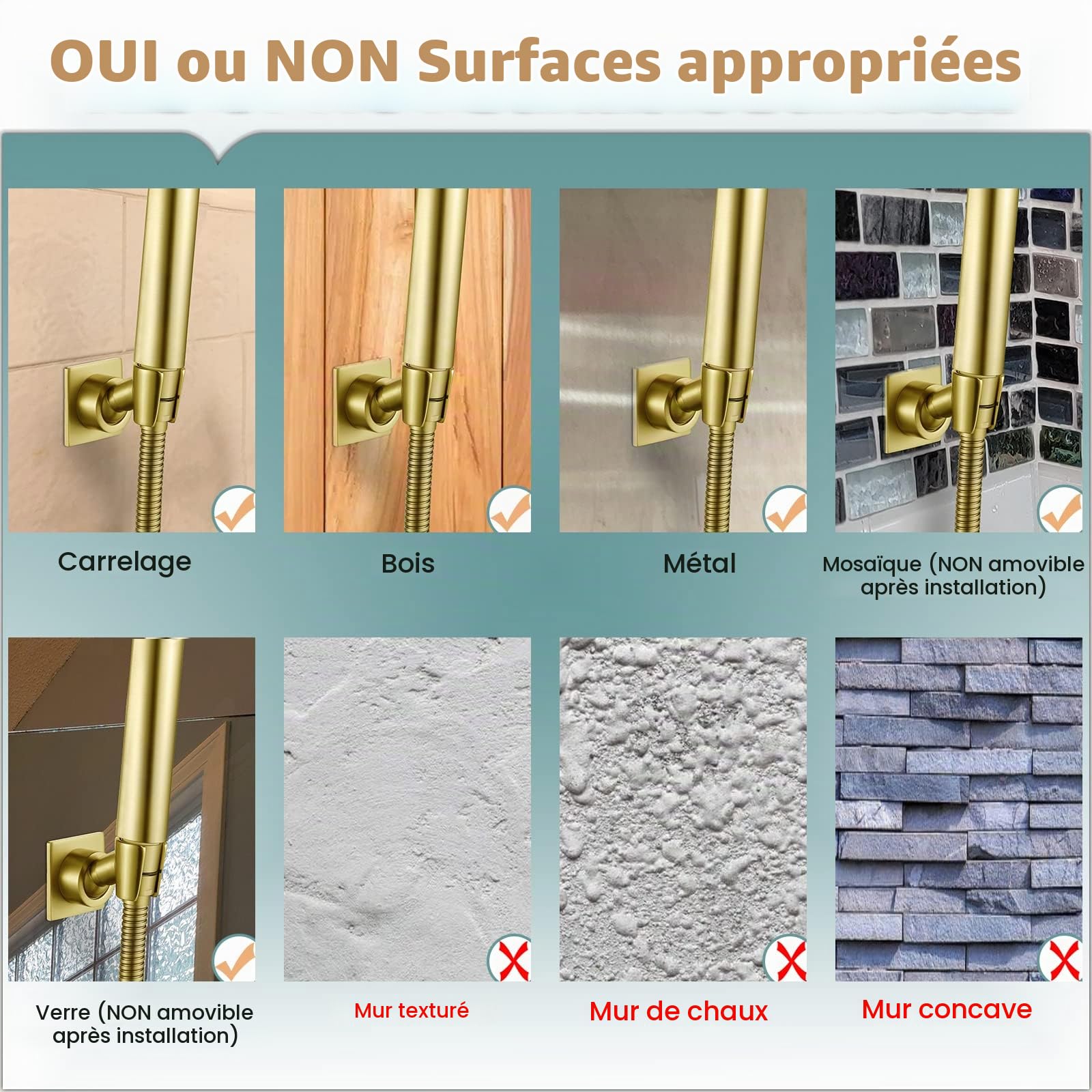 Support de pommeau de douche réglable - Laiton brossé/finition dorée - Installation sans perçage