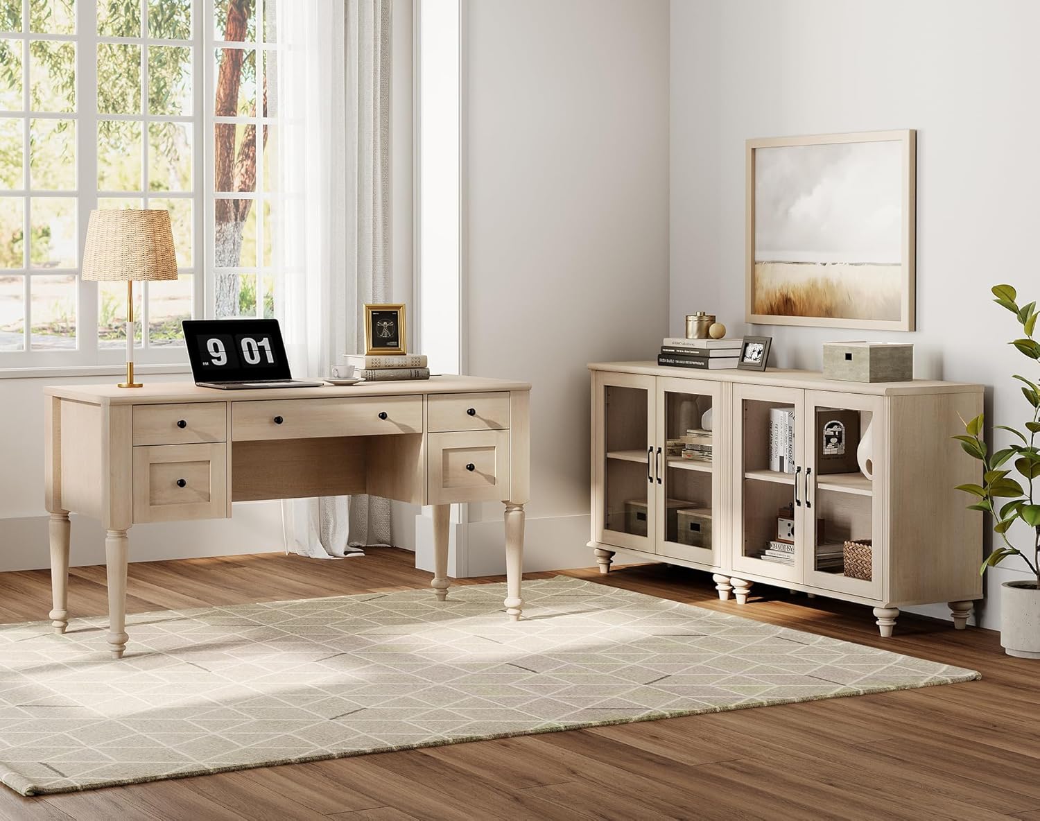 WAMPAT Home Office Furniture Set, 56'' Executive Desk with Charging Station, 2-in-1 Cabinet with Glass Doors, Wood Computer Desk with File Cabinet Storage, Open Shelf, Beige