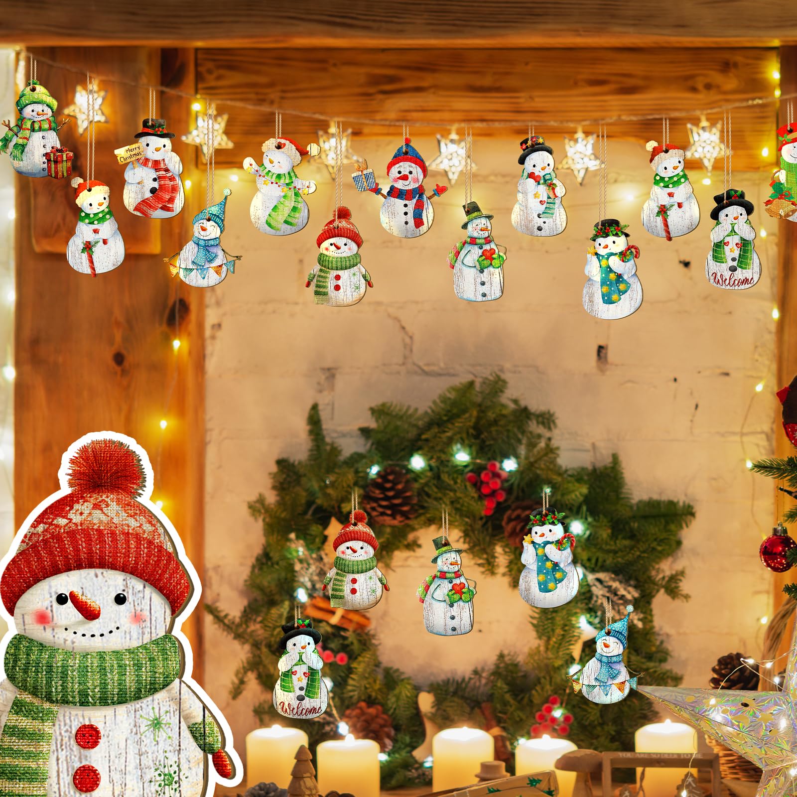Ornements en bois - Décoration de fête - Père Noël - Bonhomme de neige - 22,3 x 11 cm - Rouge et blanc - Maison