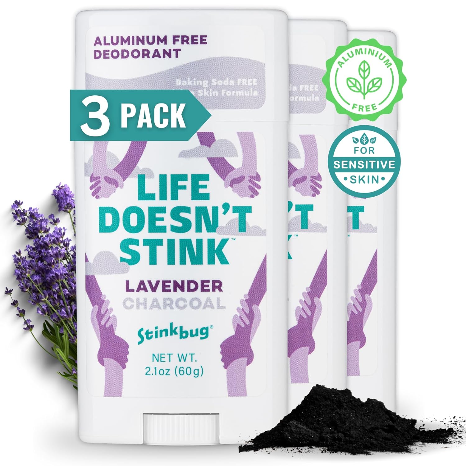 Stinkbug Naturals Organic Aluminum Free Deodorant Stick with Lavender, Coconut Oil and Activated Charcoal, Paraben Free, Sensitive Skin Deodorant, 2.1 Ounces Pack of 3