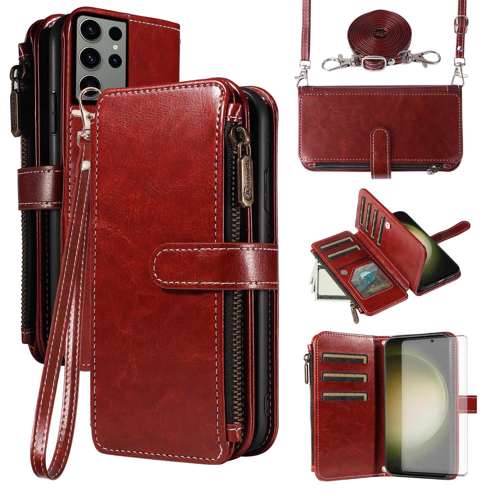 Coque Samsung S23 Ultra Asuwish marron avec cordon et protège-écran - 7