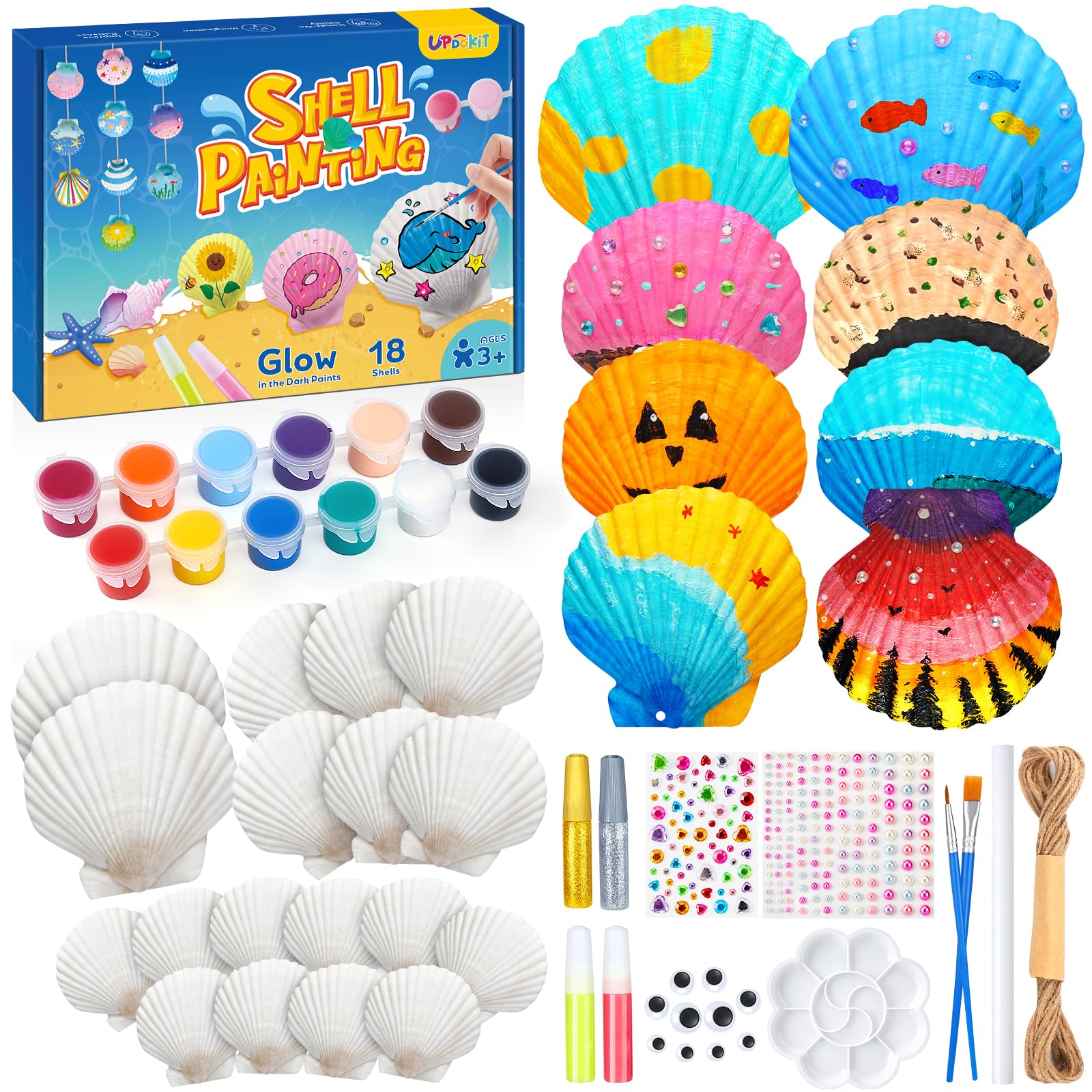 UPDOKIT Sea Shell Painting Kit Kids, Paint Arts and Crafts for Kids, 18 Natural Shells with Holes and No-Holes, Educational DIY Crafting Painting Creative Arts and Crafts for Ages 3-12