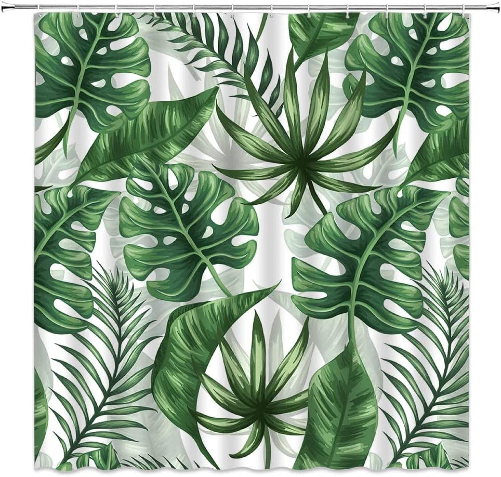 Tropical Leaves Shower Curtain Green Palm Banana Leaf Monstera Exotic Spring Summer Natural Fabric Bathroom Curtains with Hooks 100x190cm/39x75in(WxH)