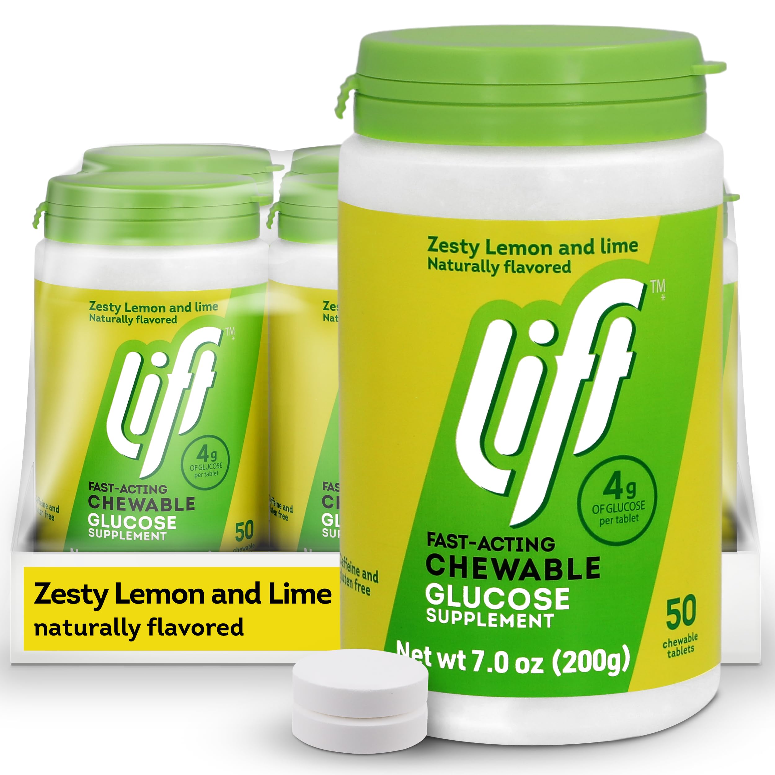 Glucose Fast-Acting Glucose Chewable Energy Tablets, Lemon & Lime, 50 ct Jar (Pack of 6)