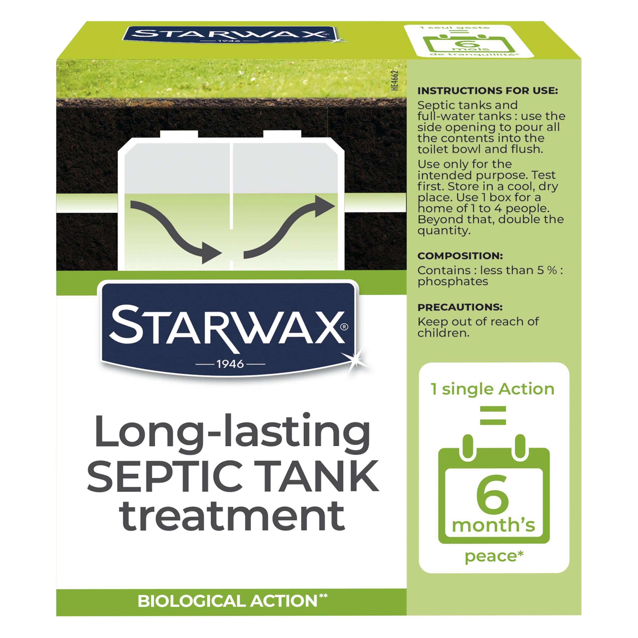 STARWAX - Long-Term Care Product for Septic Tanks - Anti-Odour and Anti-Clogging - For Homes and Holiday Homes - 500g - A Single Step = 6 Months of Treatment