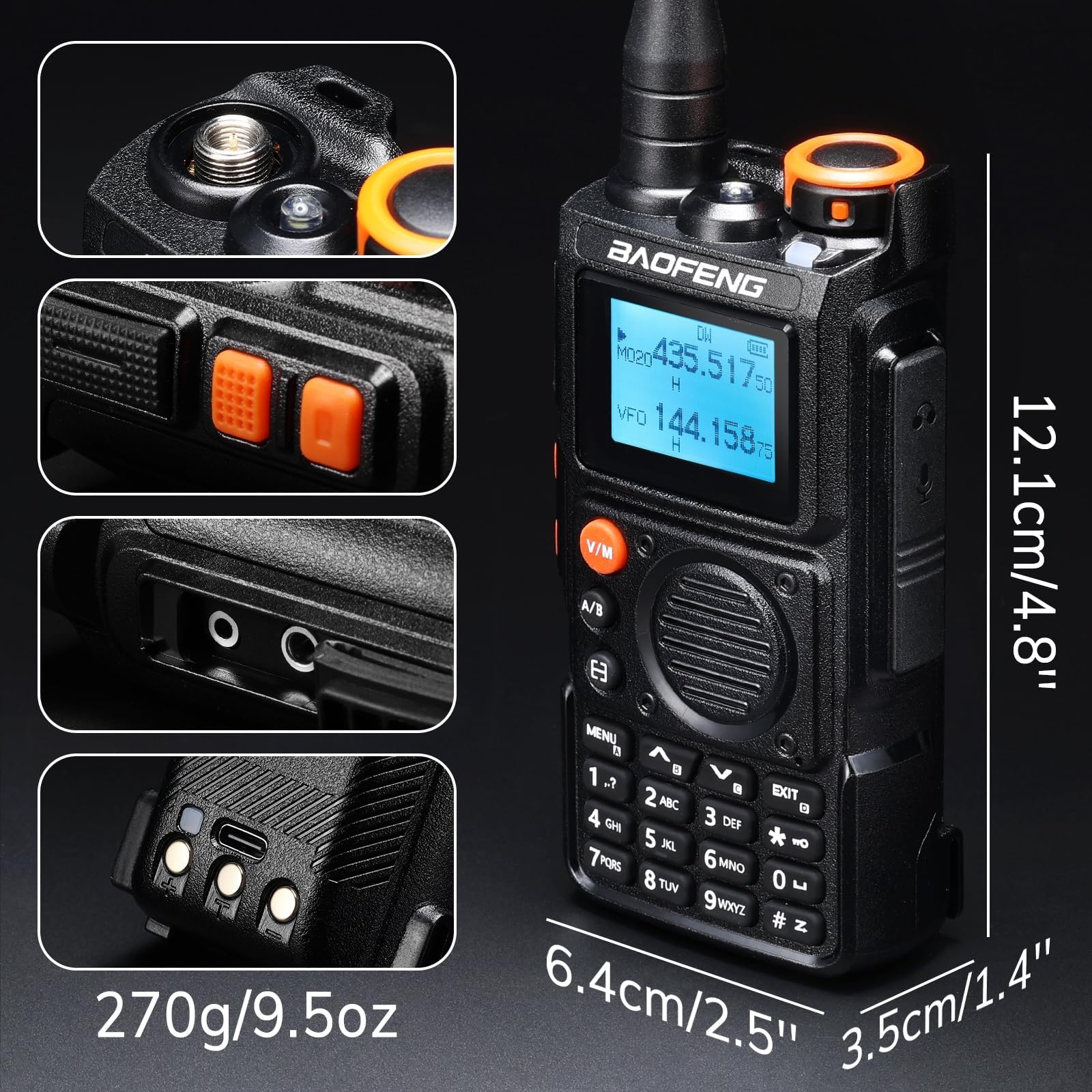 BAOFENG K6 Tri-band Walkie Talkie, 6W radio amatoriale, Multi Band UHF/VHF/FM/Aria, batteria da 2600 mAh, ricarica USB-C, cavo di programmazione, 999 CH, copia della frequenza wireless