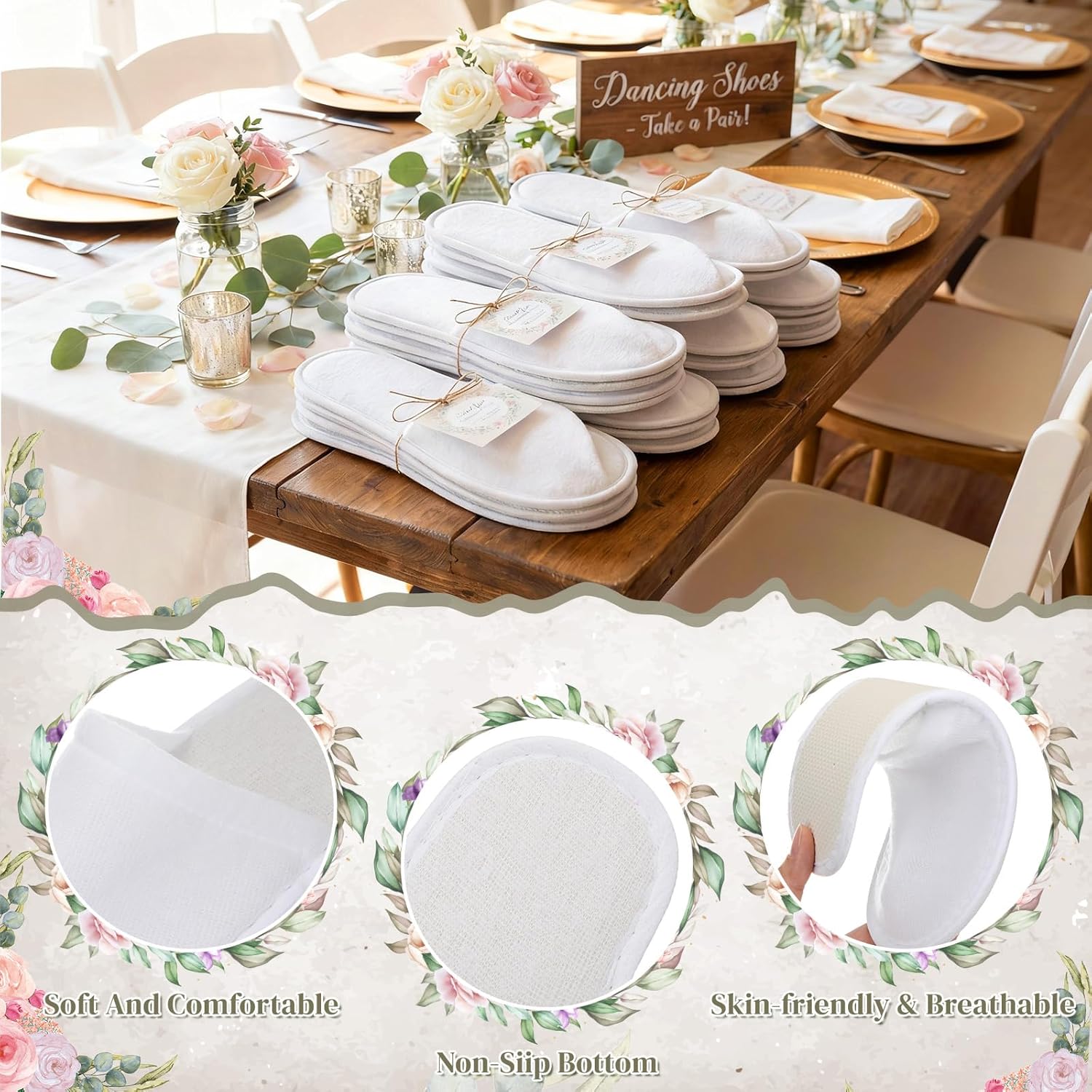 Shihanee Wedding Disposable Slippers Bulk Non Slip Slippers for Wedding Guests Men Women with Sign Cards Rope for Dance Pool Beach Party Favors