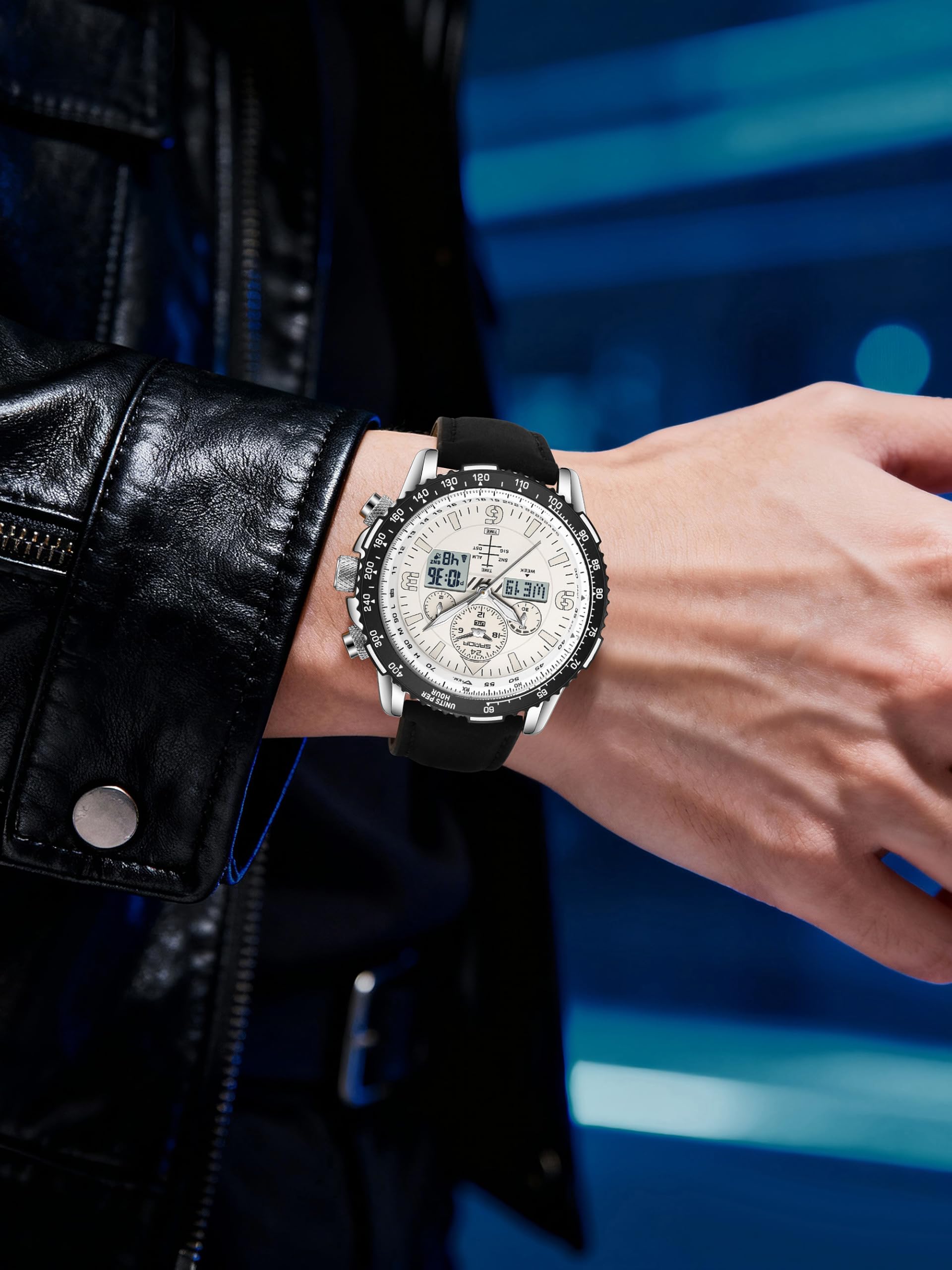 Gosasa Orologio analogico digitale al quarzo da uomo casual con cinturino in pelle