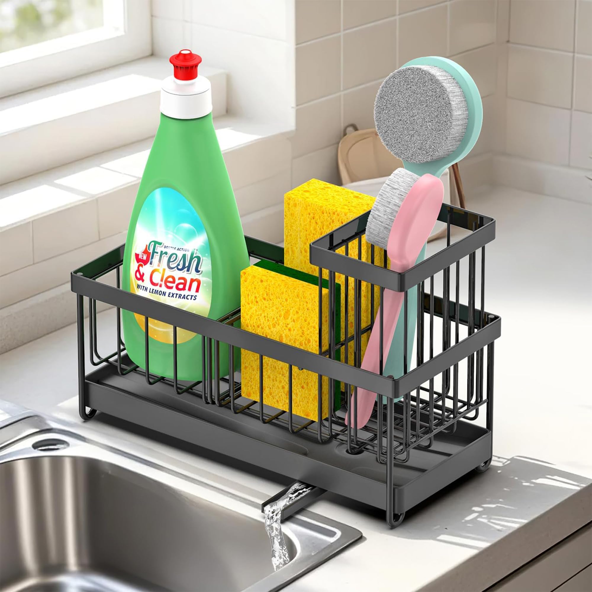 Vinsani Kitchen Sink Caddy Organiser with Auto-Draining Tray – Removable Stainless Steel Sink Tidy with Divider & Brush Holder – No Drilling, Flexible Setup Sponge Holder Rack for Countertop (Black)