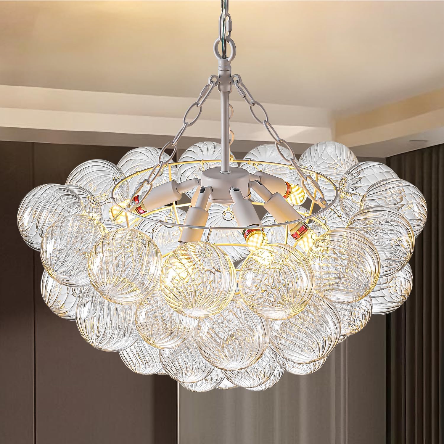 Hand Blown Glass Bubble Ball Chandelier White Finish 24" Pendant Light Fixture Art Deco Cluster Swirled Ribbed Glass Globe Lighting for Bedroom Dining Room Bedroom Bathroom Entry