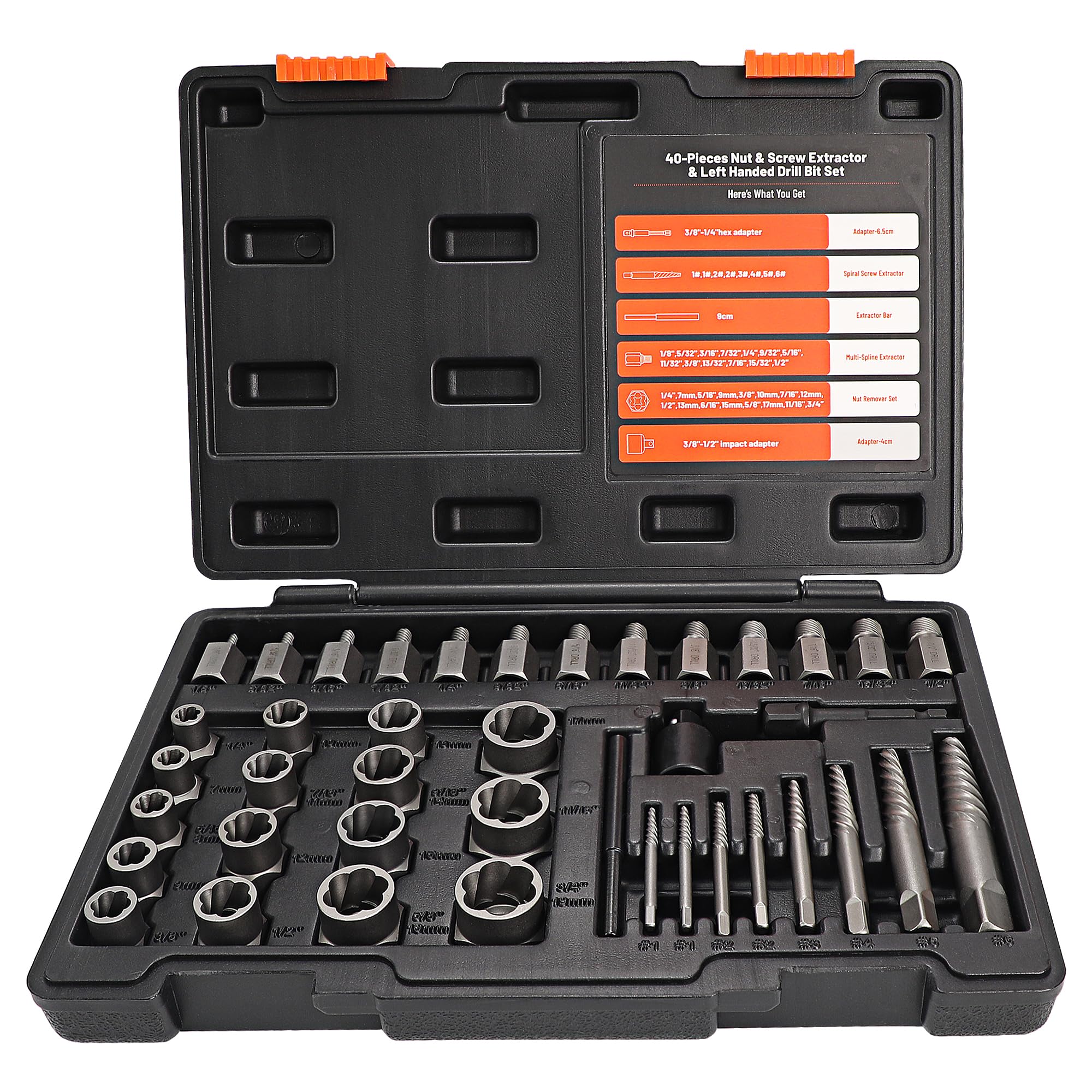 40 Pcs Screw Extractor Set, 2-in-1 Hex Head Multi-Spline Lug Nut Remover, 3/8 Inch Drive Easy Out Bolt Extractor Set for Removing Stripped, Rounded, Damaged, Broken Studs Bolts Screws