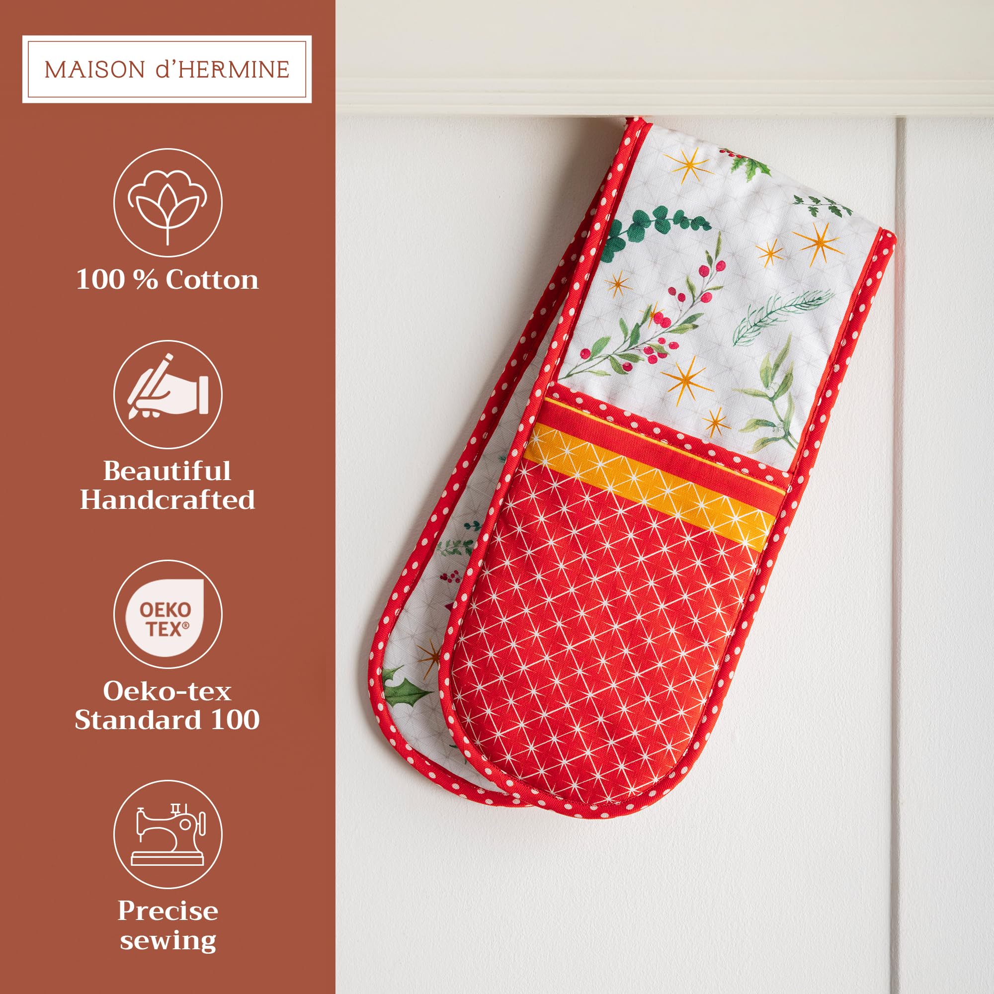 Maison d' Hermine Double Oven Mitt (18 cm x 89 cm) 100% Cotton Heat Resistant BBQ Cooking Gloves with Loop for Christmas Decorations Baking Cooking Barbeque Handling Hot Pan (Poinsettia Christmas) - Image 3