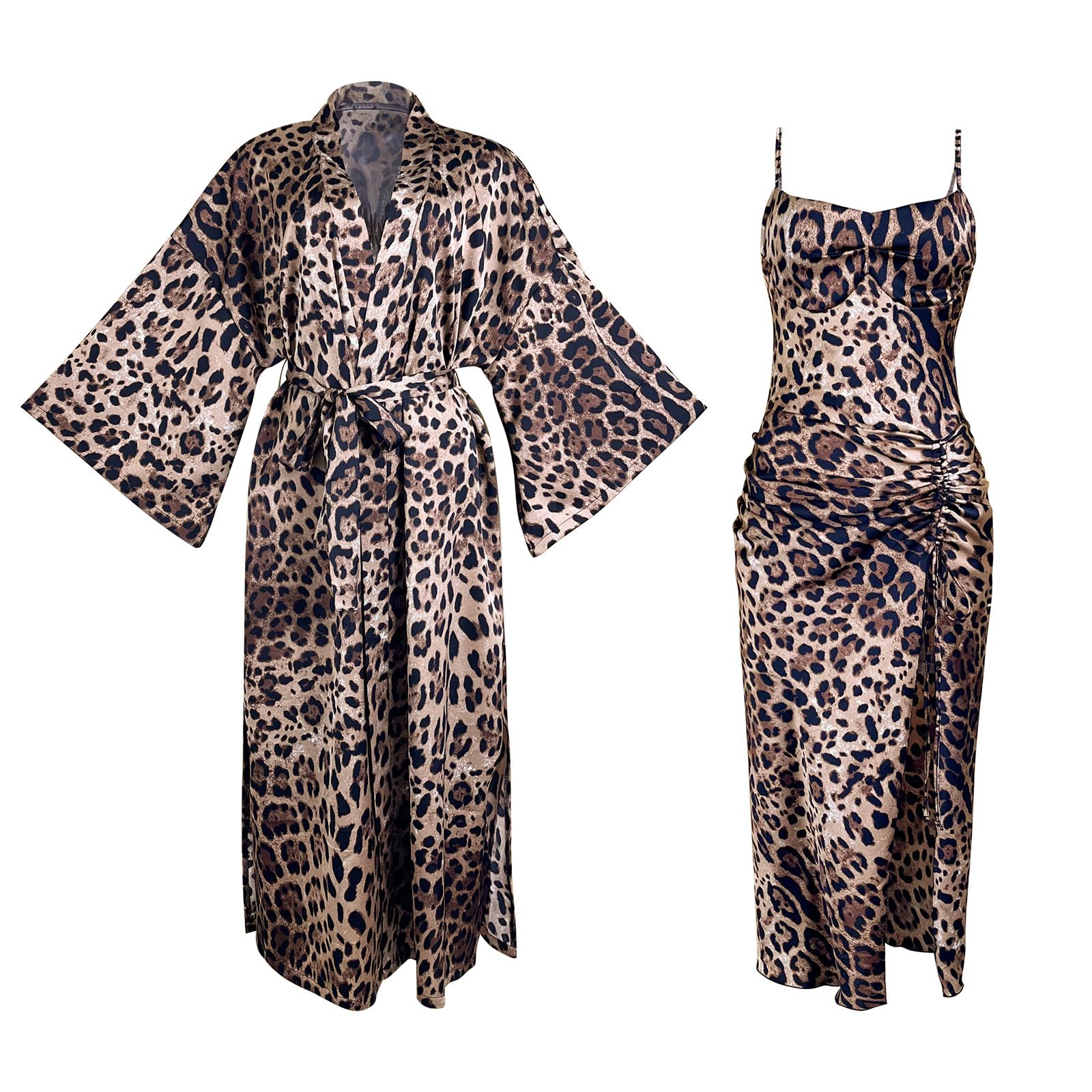 Nachtwäsche Set mit Leopardenmuster, abnehmbarem, gepolstertem BH und Robe mit, elegantes Pyjama Kleid für Damen, Damen Nachtwäsche