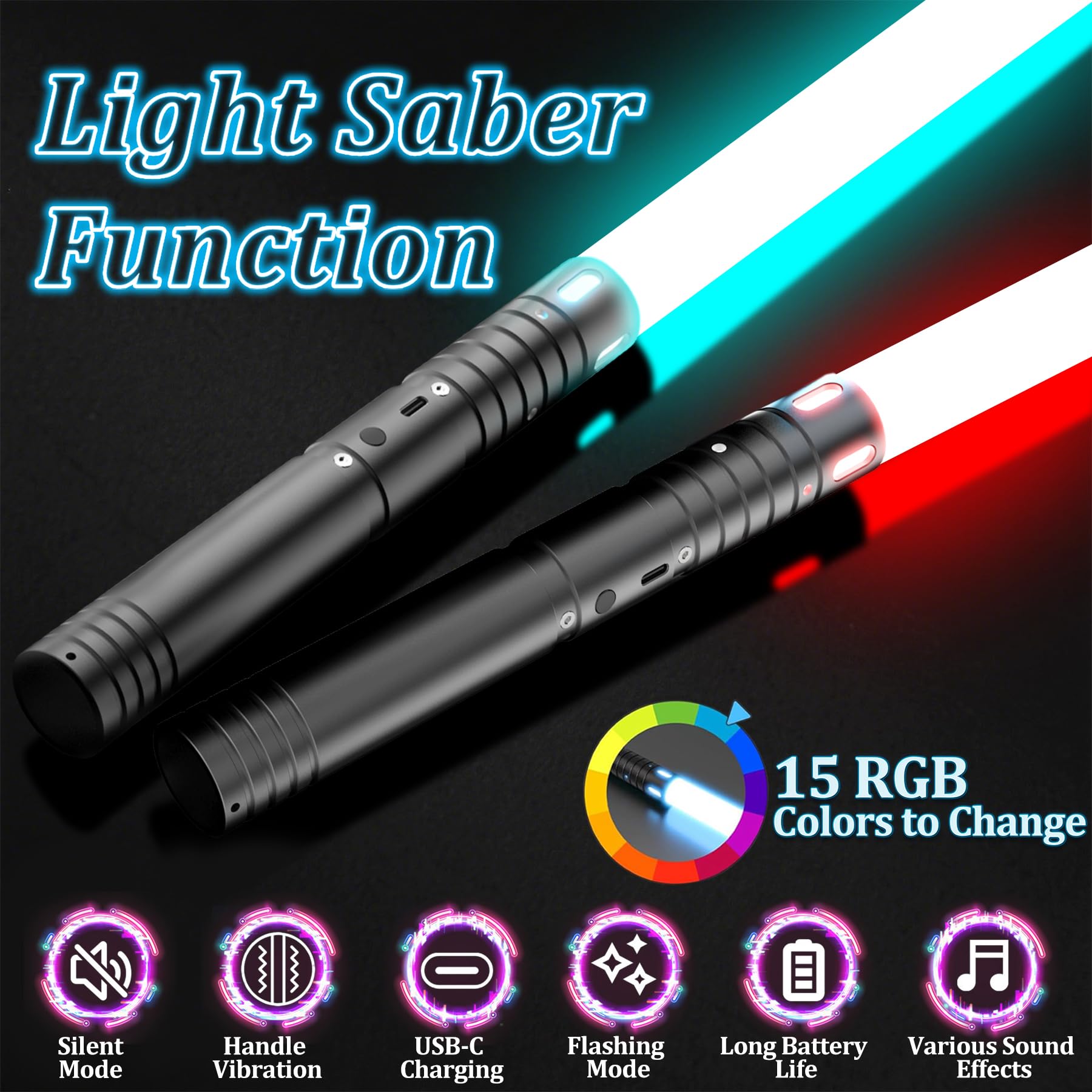 Lightsaber, Upgraded RGB 15 Colors LED Light Saber, USB Rechargeable Lightsabers with Metal Handle - Image 3