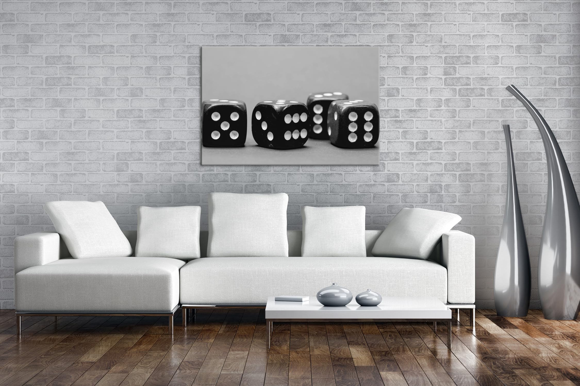 deyoli Kwadratowa kostka do gry, format: 75 x 50 cm, efekt: czarny/biały jako obraz na płótnie, motyw oprawiony na ramie z prawdziwego drewna, wysokiej jakości druk cyfrowy z ramą