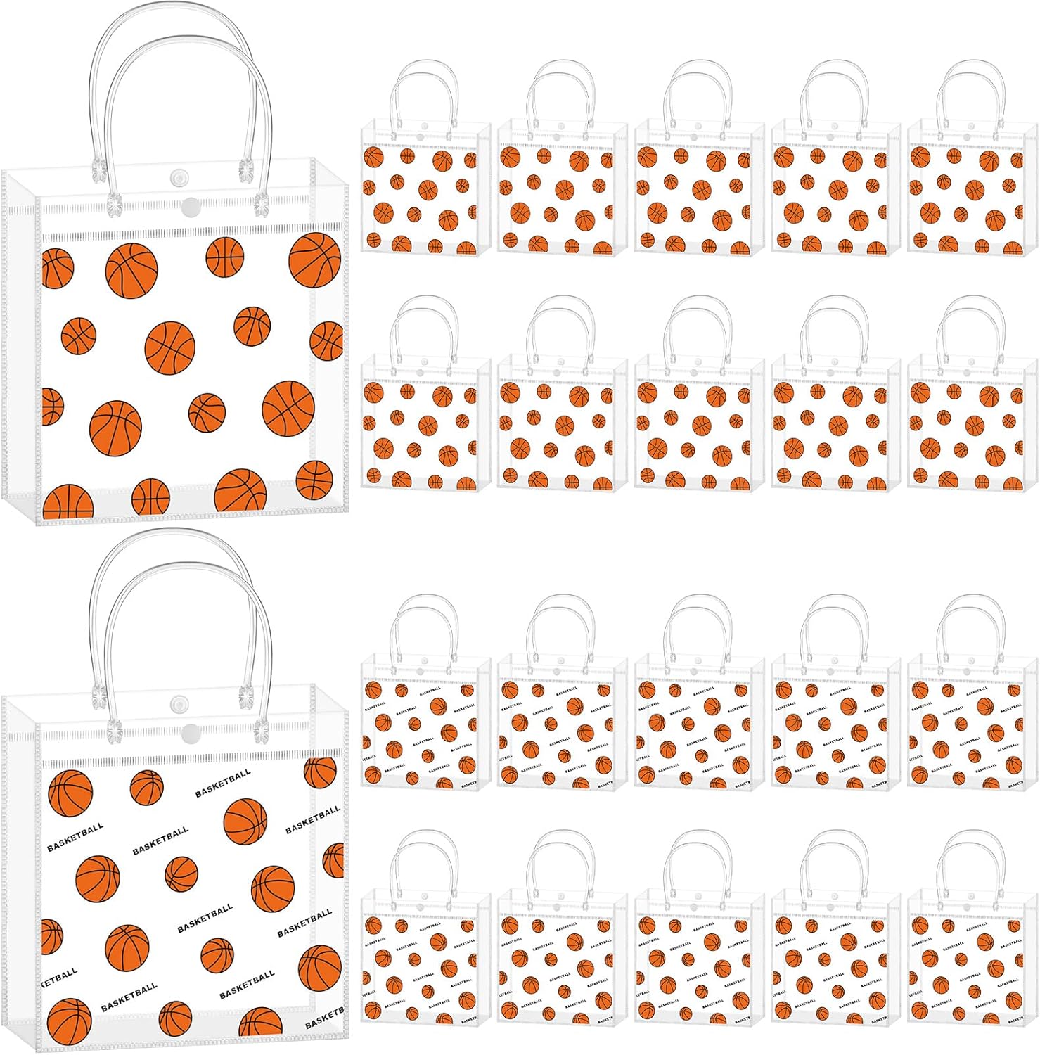 Kosiz 24 Pcs Basketball Clear PVC Gift Goodie Bags with Handles Basketball Theme Party Favor Snack Candy Treat Tote Bag Bulk for Team Gifts Birthday Decorations Supplies, 7.87 x 7.87 x 3.14 Inch