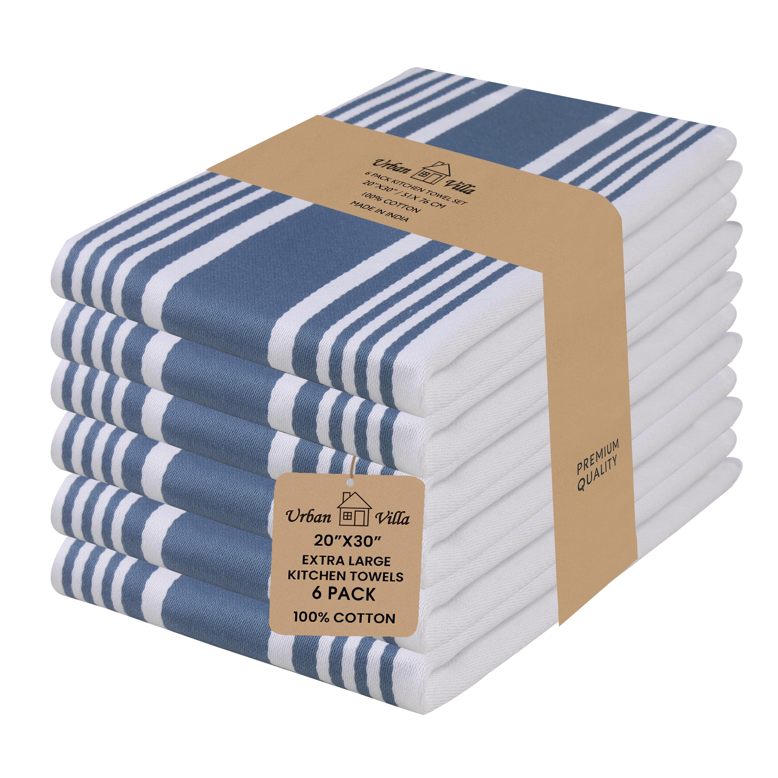 Urban Villa Kitchen Towels 100% Cotton Dish Towels for Kitchen (Set of 6) 20”x30” Dish Cloths Highly Absorbent Kitchen Linen Set with Hanging Loop Perfect for Drying Dishes Cleaning Towels-Blue White