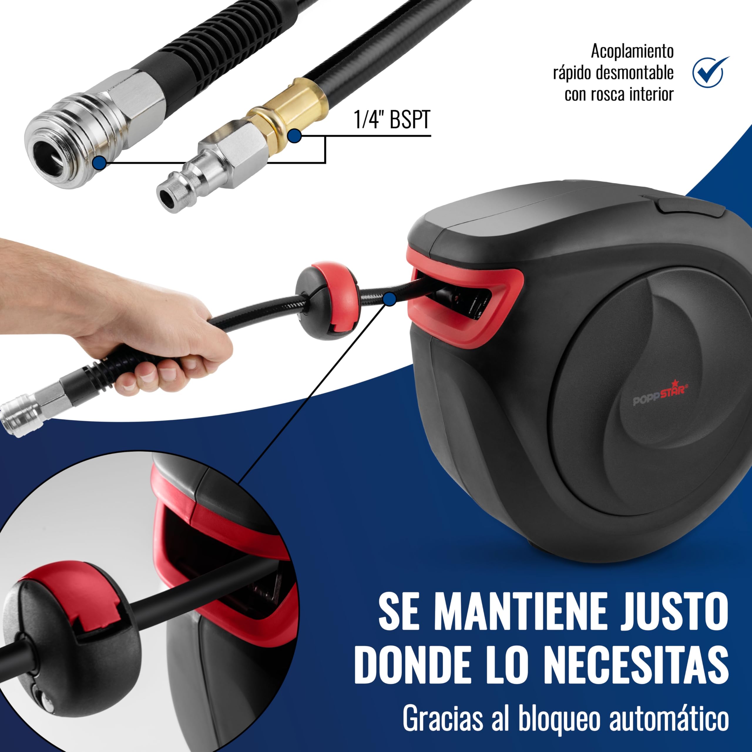 Poppstar Enrollador de manguera de aire comprimido (manguera: 15m + 1m, diámetro interno de 3/8" (9,5x15mm), 1/4" BSPT), mecanismo de enrollado para manguera de aire comprimido