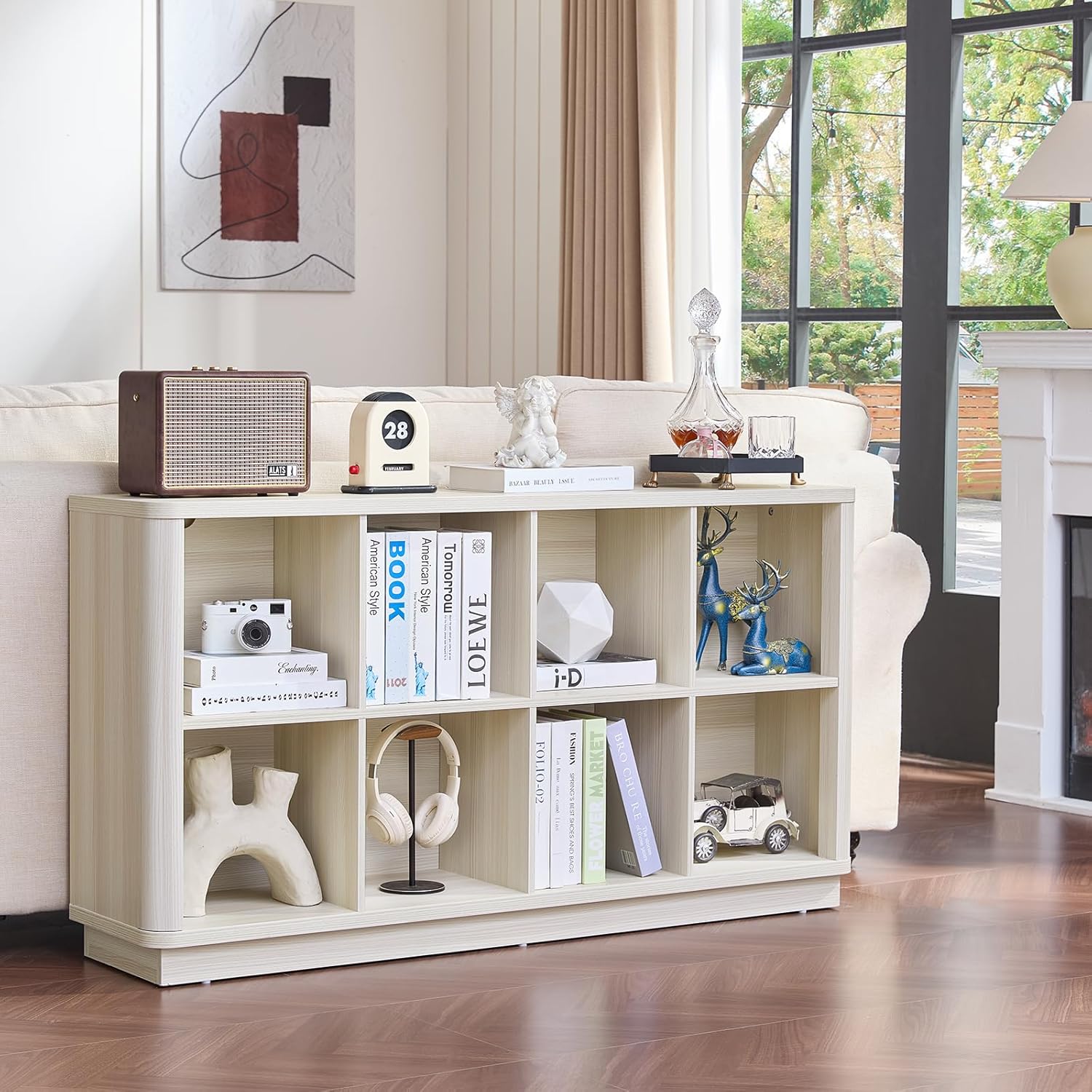 Joaxswe 8 Cube Storage Bookcase, 52" Long Horizontal Book Shelf w/Curved Edge, Wood Low 2-Tier Cubby Console Bookshelf with Base, Modern Floor Standing TV Stand for Living Room, Gray-White Cream Oak